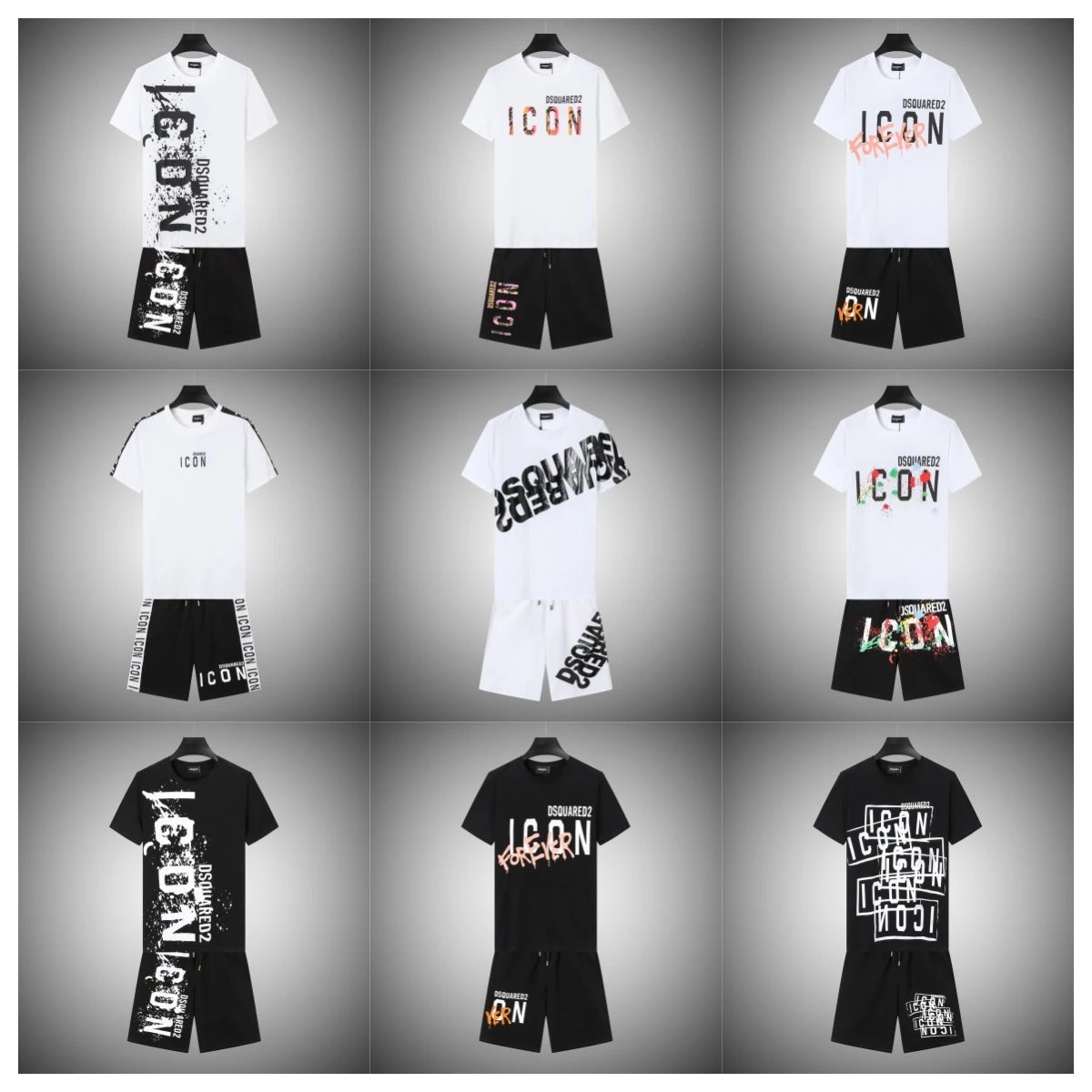 Dsquared2 White and Black Graphic T-Shirt and Shorts Sets