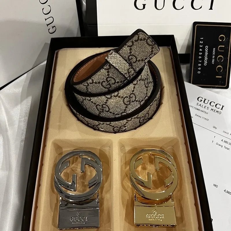 Gucci Beige Monogram Belt with Two Buckles