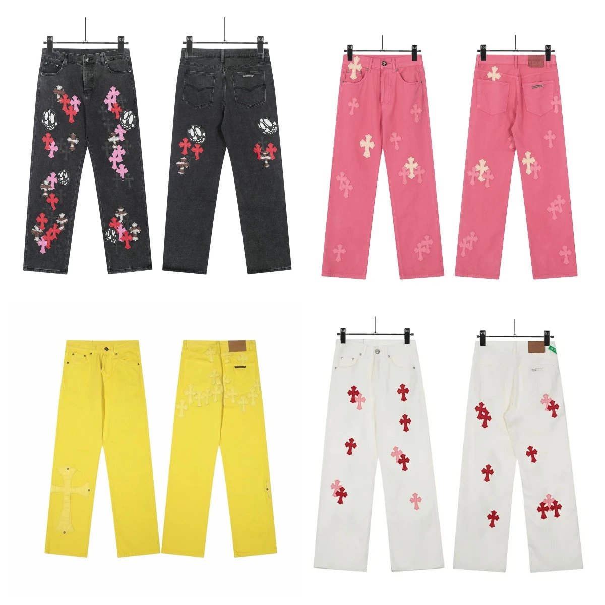 Cross Embroidered Jeans in Black, Pink, Yellow, and White