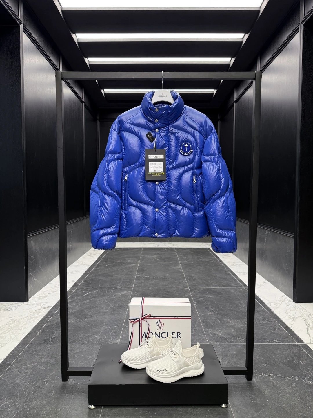 Moncler Blue Puffer Jacket and White Sneakers Set