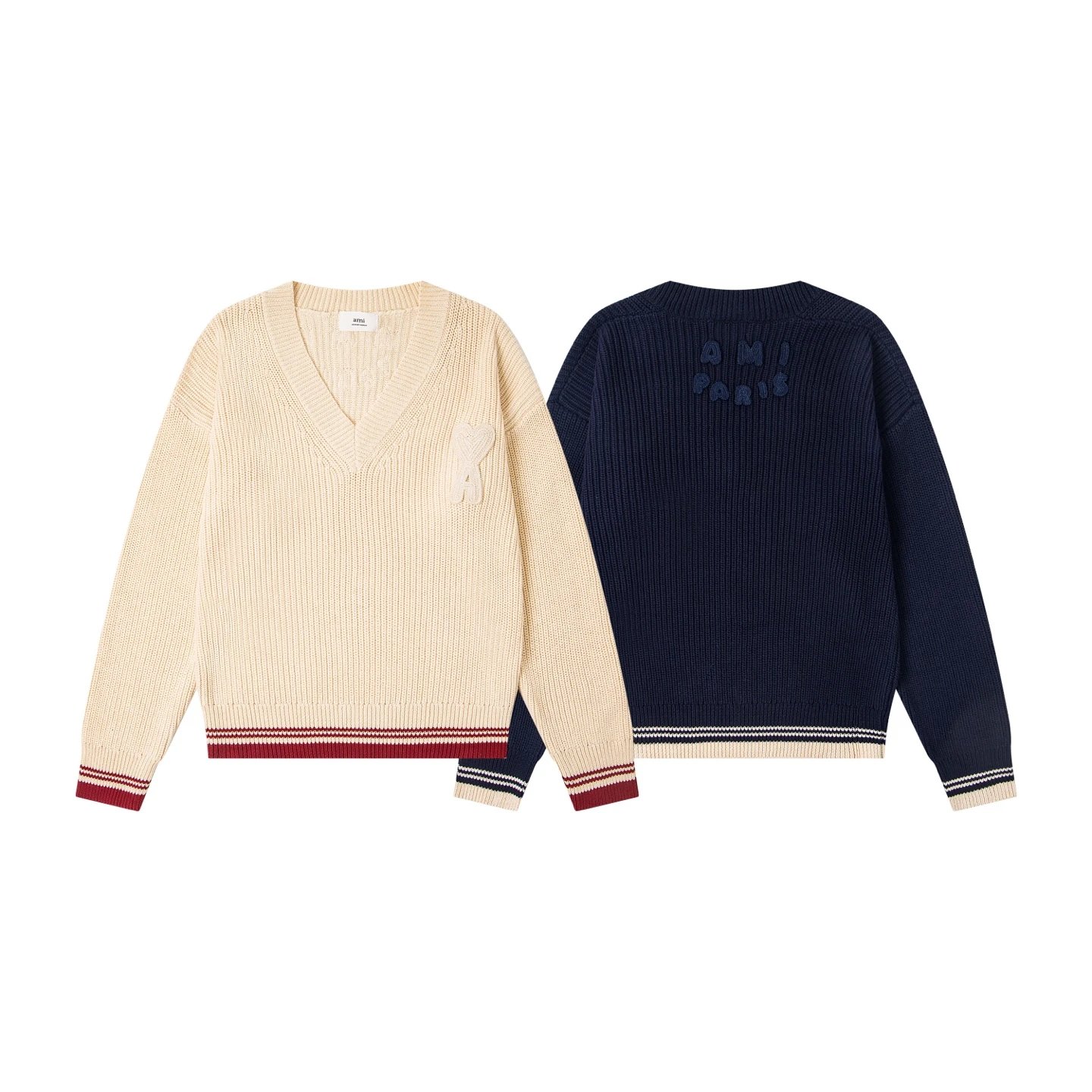 AMI Paris Cream and Navy V-Neck Sweaters