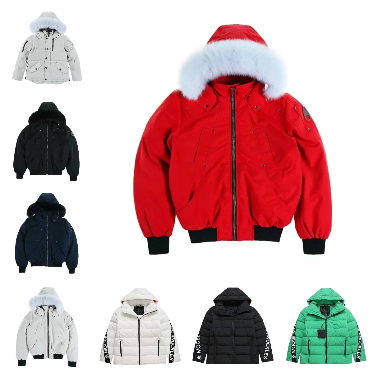 Moose Knuckles Red Puffer Jacket with Fur Trim Hood