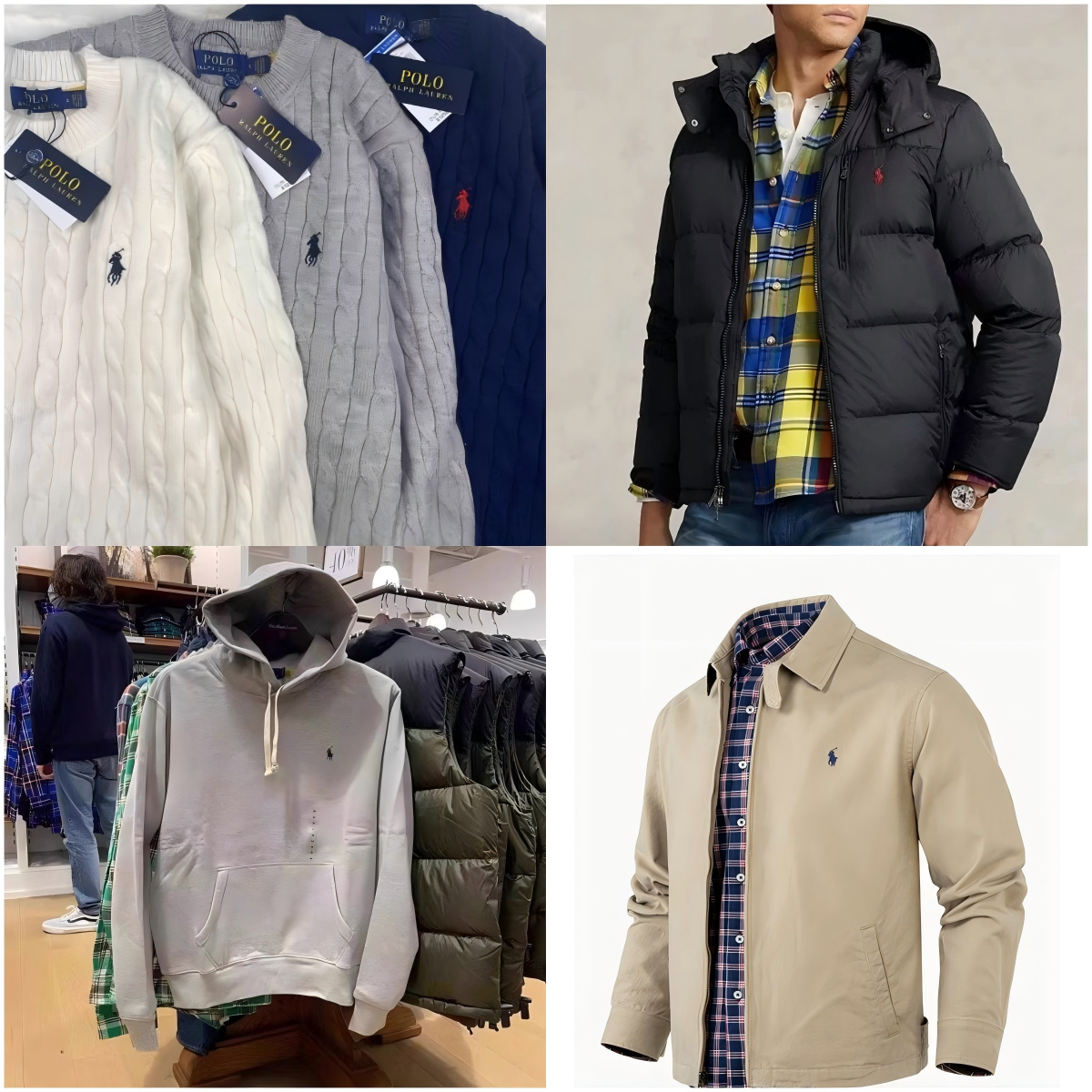 Ralph Lauren Black Puffer Jacket, Grey Cable Knit Sweater, White Hoodie, Beige Button-Up Shirt
