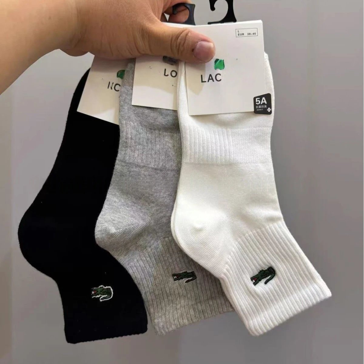 Lacoste Black, Grey, and White Crew Socks