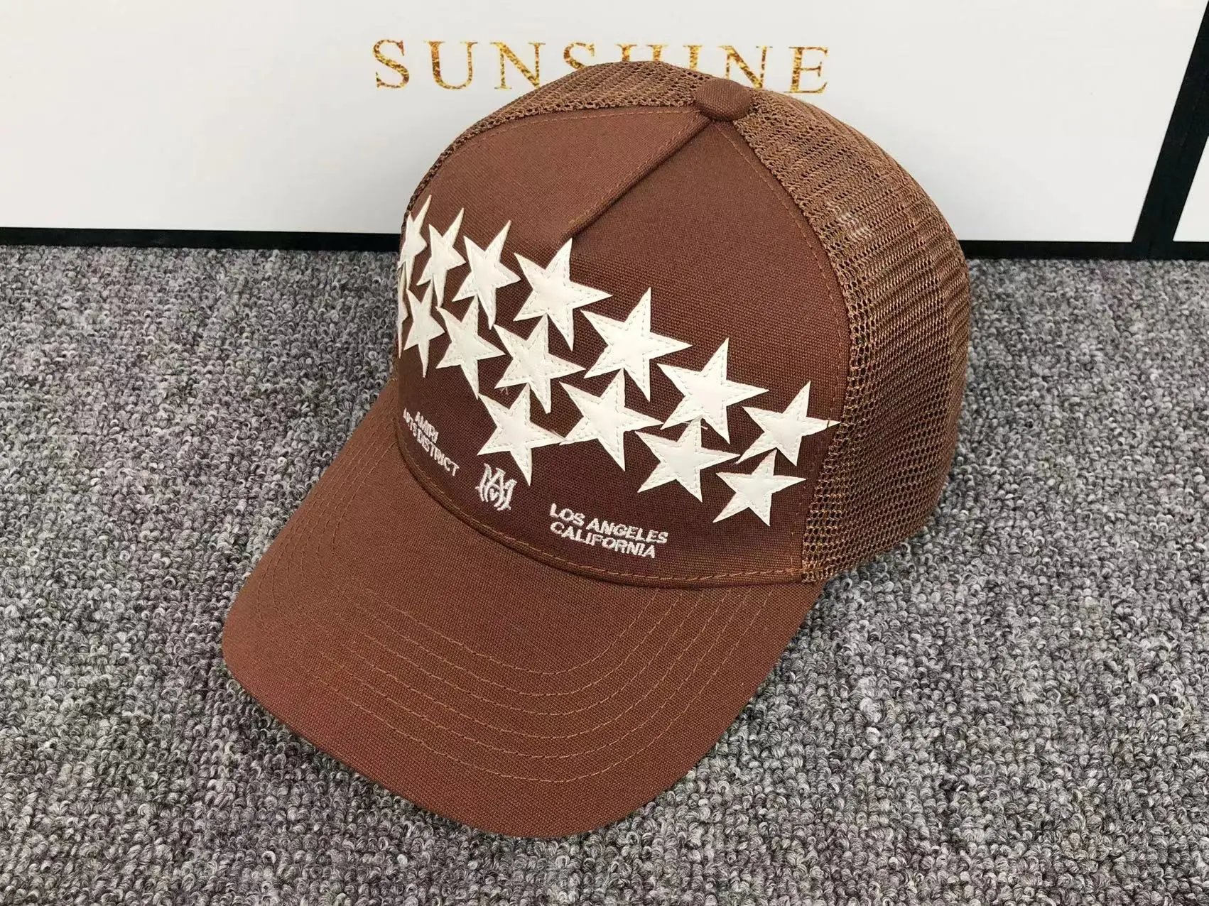 Brown Mesh Baseball Cap with White Stars and Embroidery