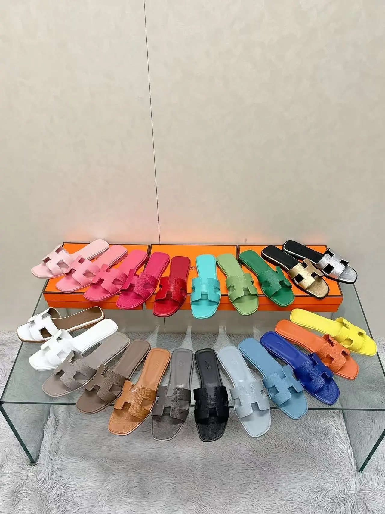 Hermès Multi-Color Leather Slides