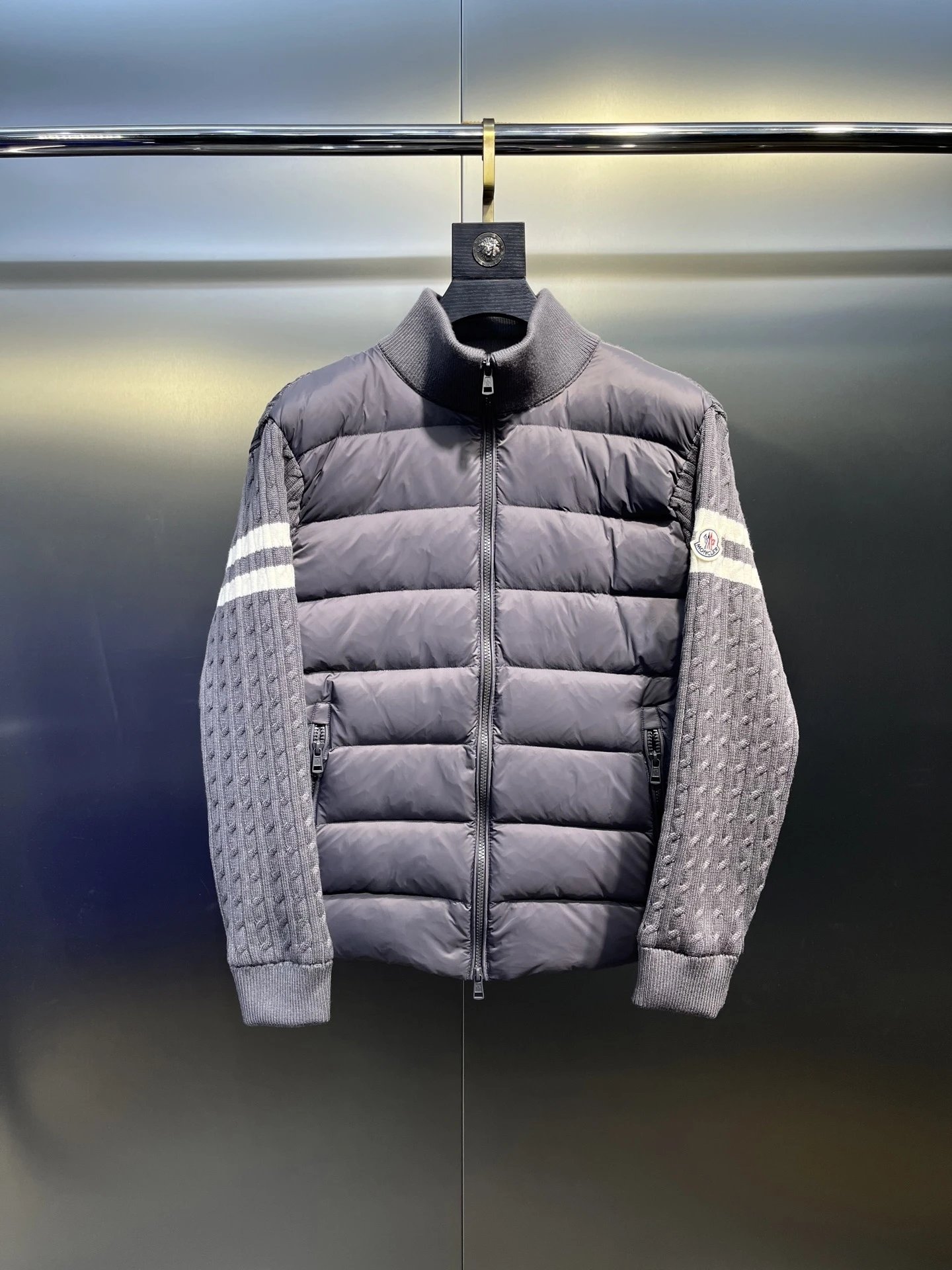 Moncler Grey Puffer Jacket with Knit Sleeves