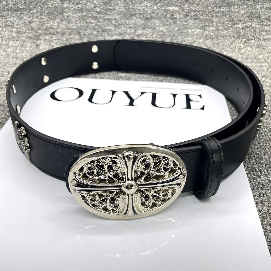 OUYUE Black Leather Belt with Silver Buckle