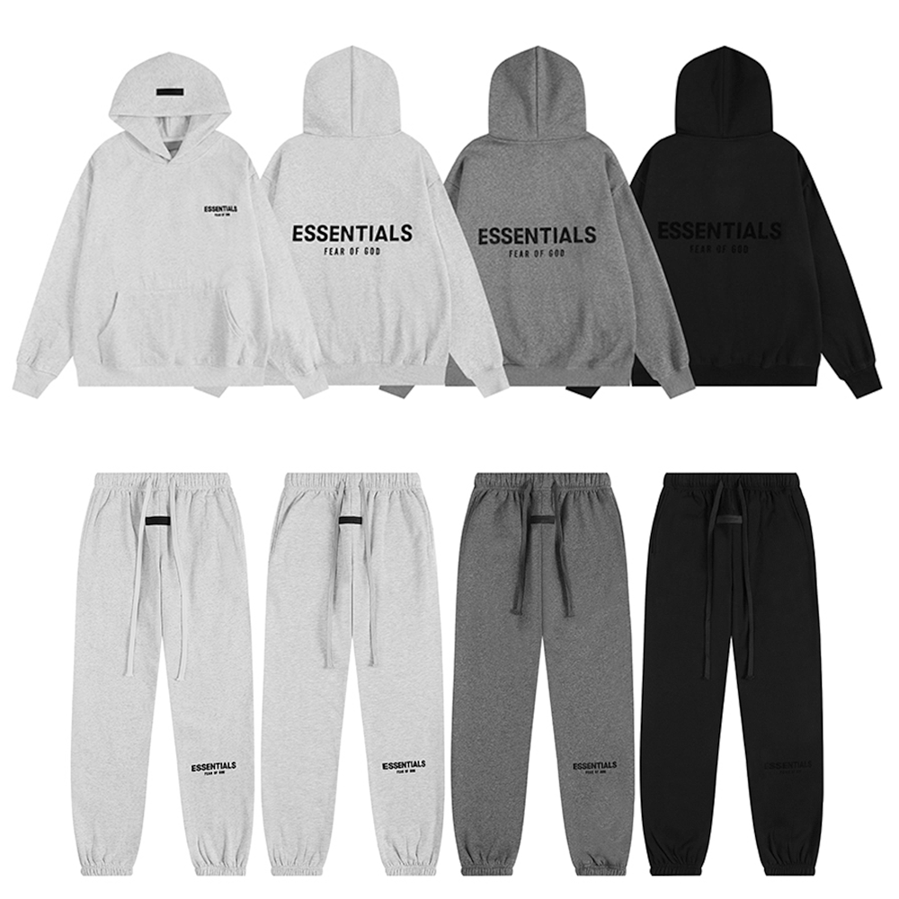 Fear of God Essentials Hoodie and Pants Set in Grey, Black, and White