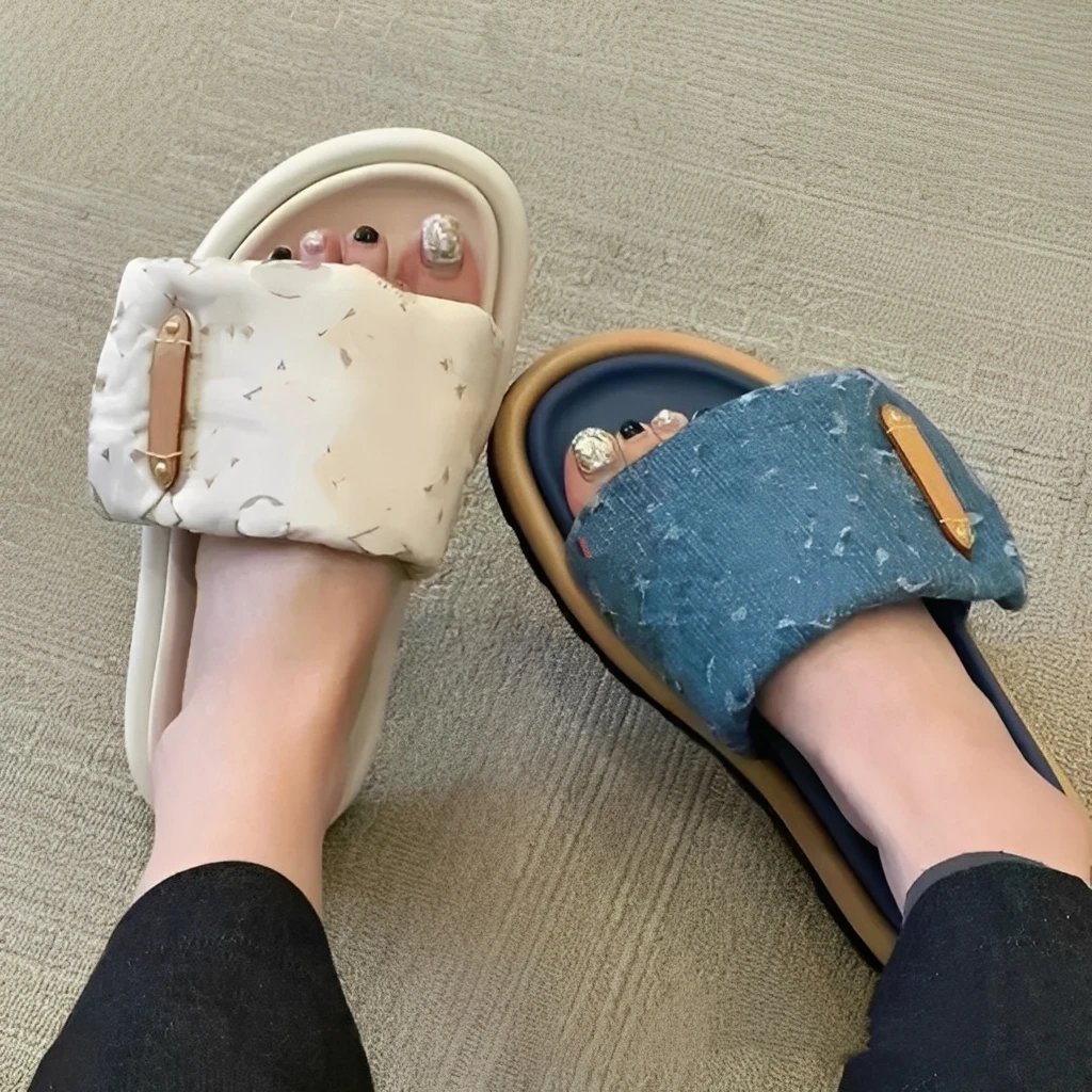 White and Blue Denim Slide Sandals