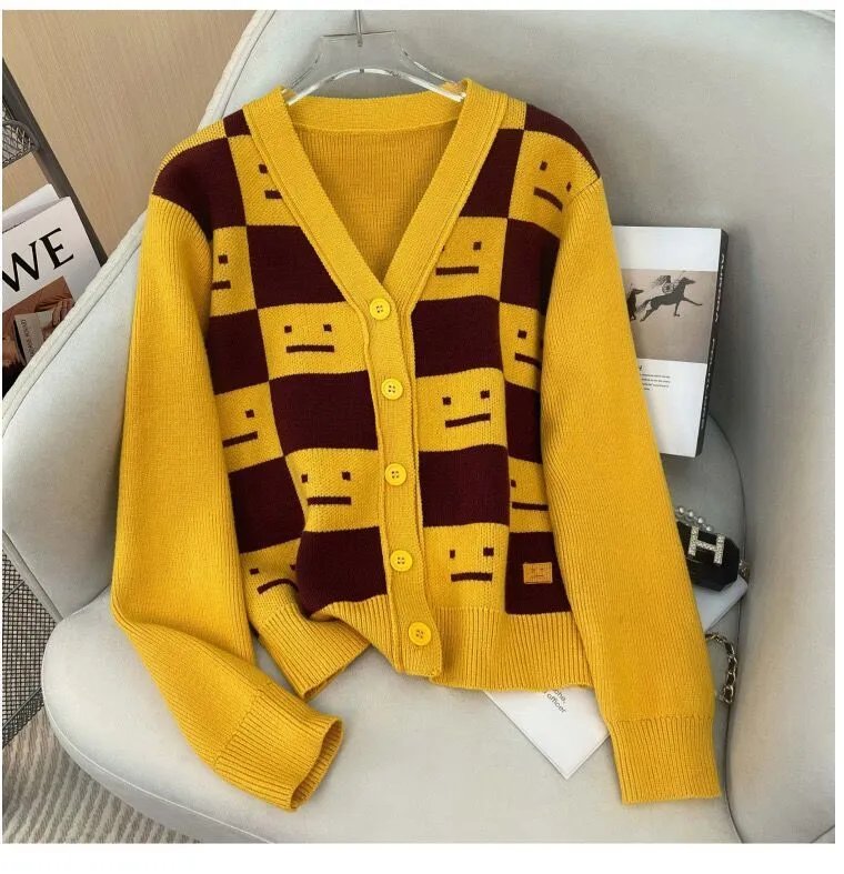 Yellow and Maroon Checkerboard Cardigan Sweater