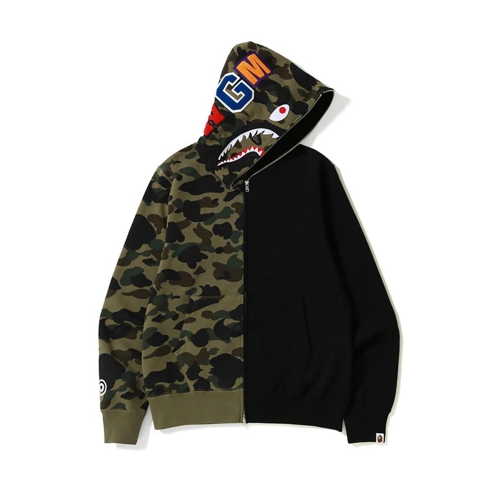 A Bathing Ape Camo and Black Shark Zip-Up Hoodie