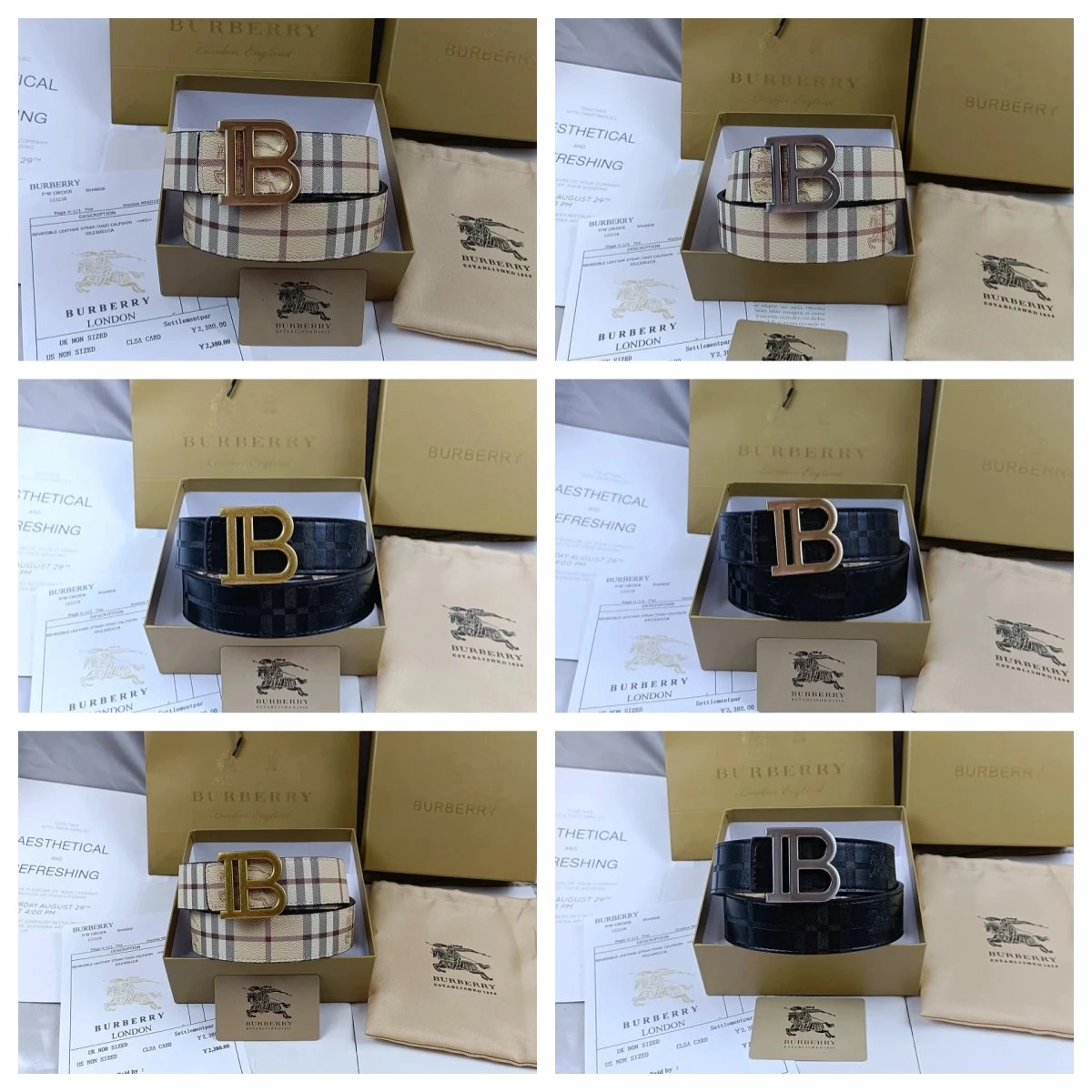 Burberry Beige and Black Leather Belt with 'B' Buckle