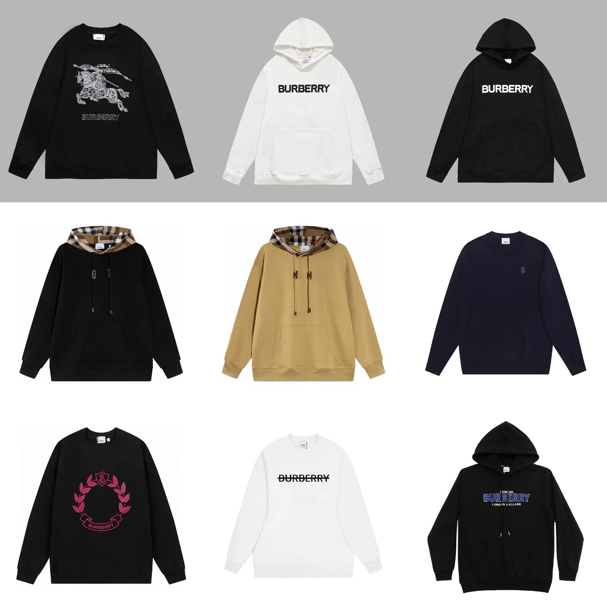 Burberry Black Hoodie, White Sweatshirt, Navy Crewneck Sweater