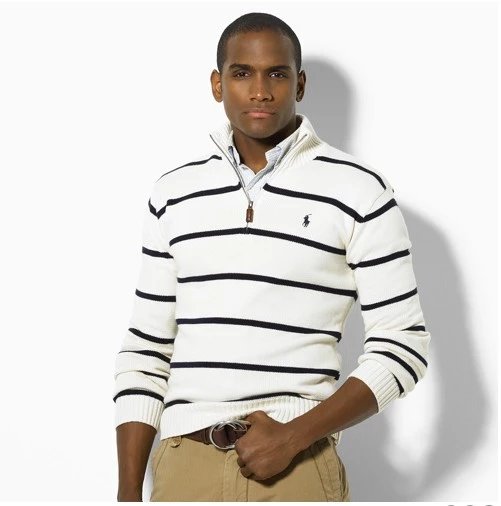 Ralph Lauren White and Black Striped Half-Zip Sweater