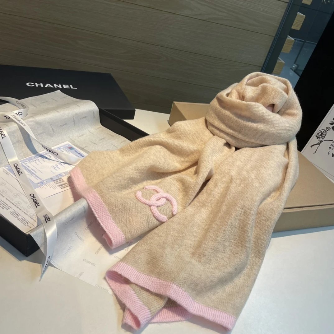 Chanel Beige Pink Trim Scarf