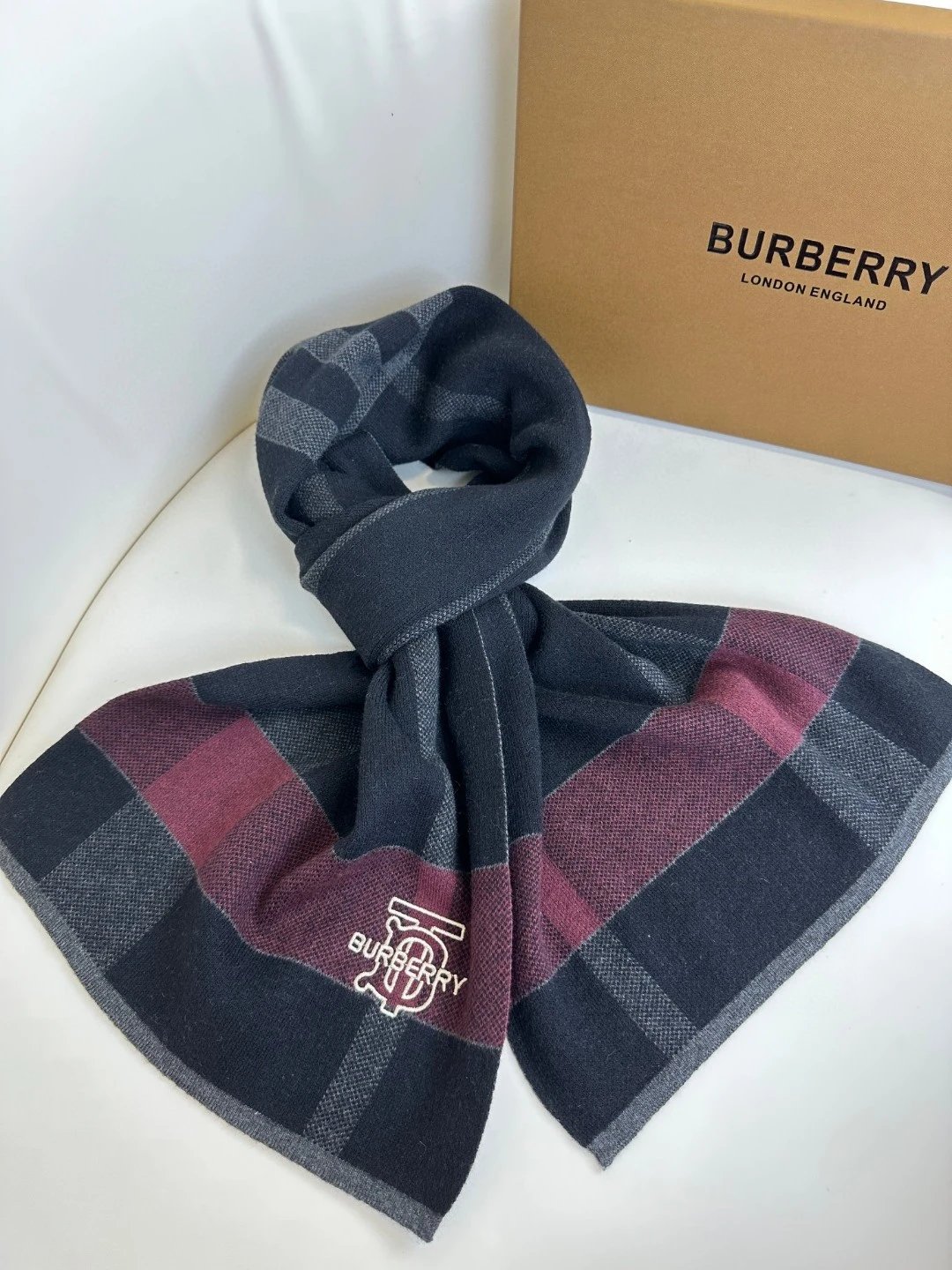 Burberry Black and Burgundy Plaid Scarf