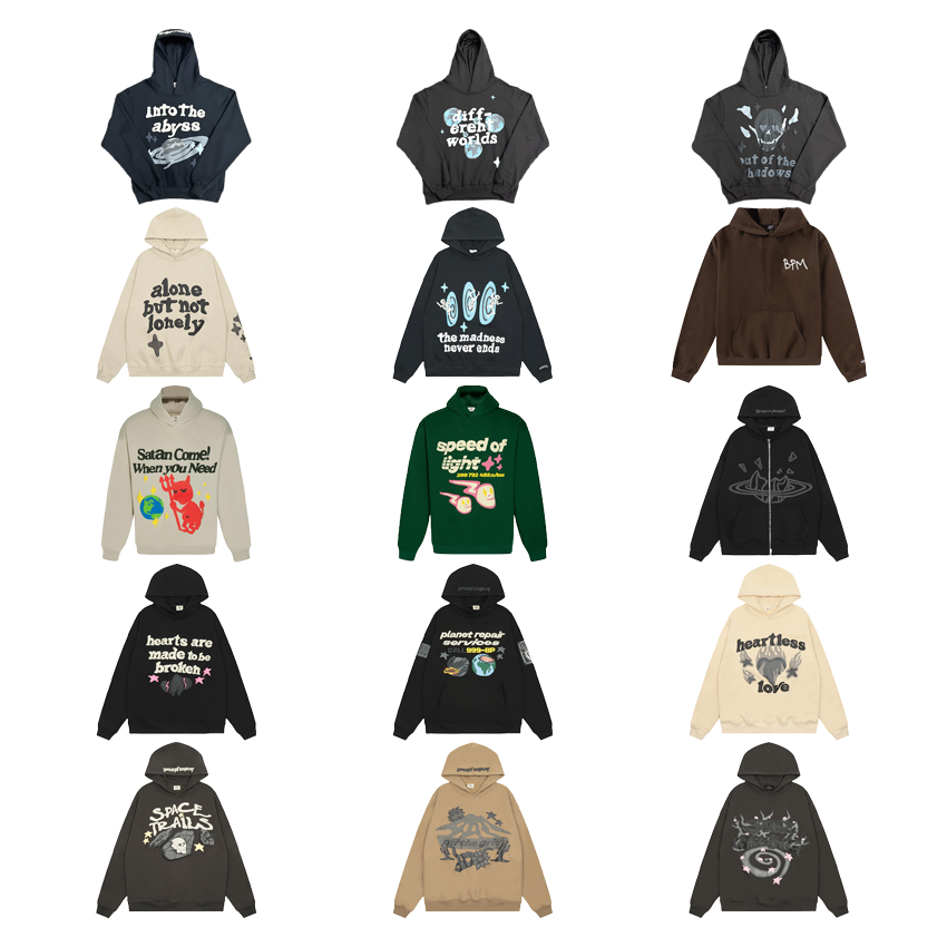 Diverse Graphic Hoodies in Various Colors and Styles