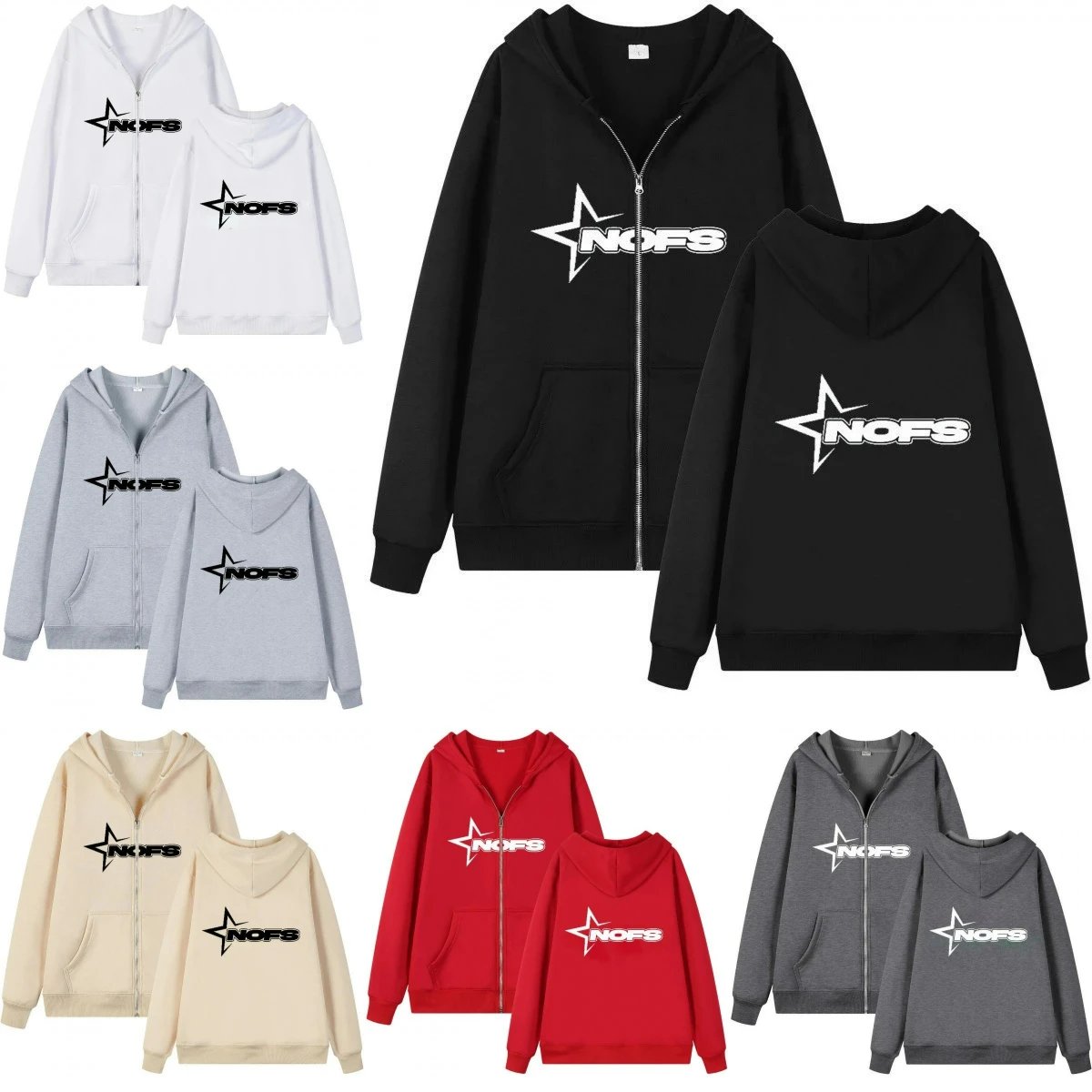 NOFS Zip-Up Hoodie in Black, White, Grey, Beige, Red, and Dark Grey