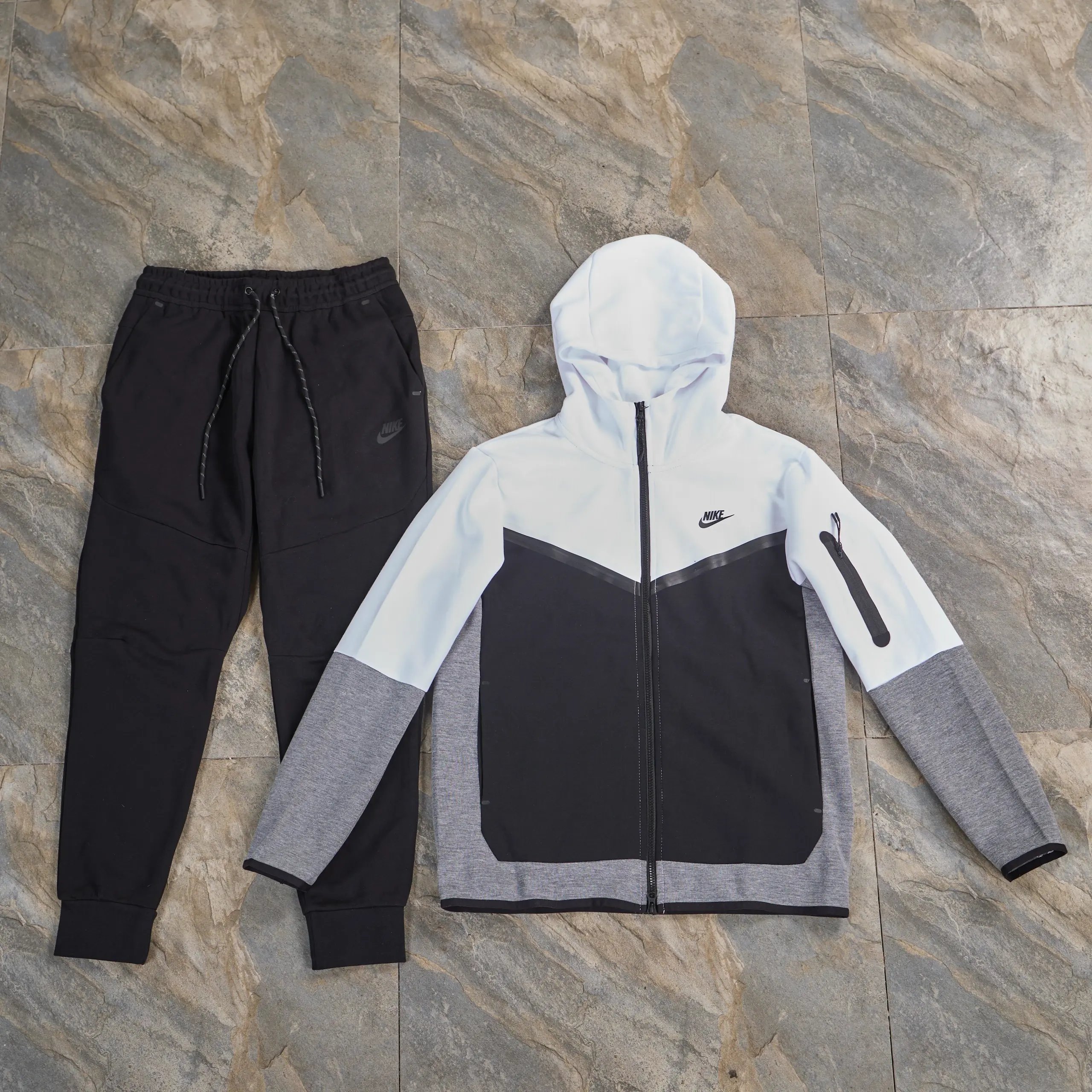 Nike White and Black Tech Fleece Hoodie and Pants Set