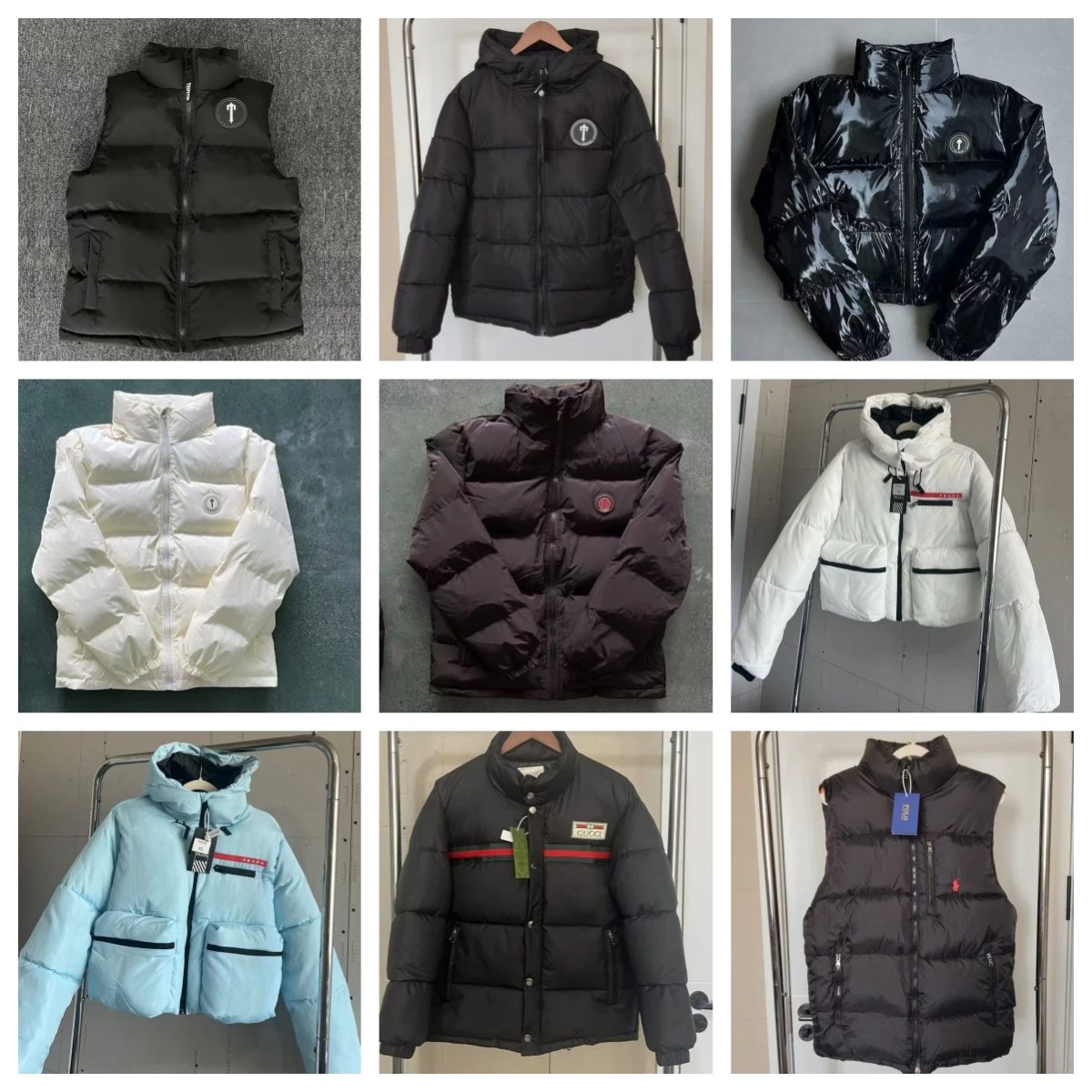 Gucci Black Puffer Jacket, Ralph Lauren White Vest, Prada Light Blue Coat, Various Winter Jackets and Vests in Black, White, and Blue.