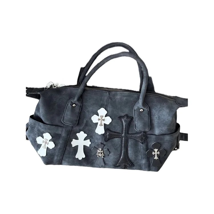 Cross Embellished Grey Leather Handbag