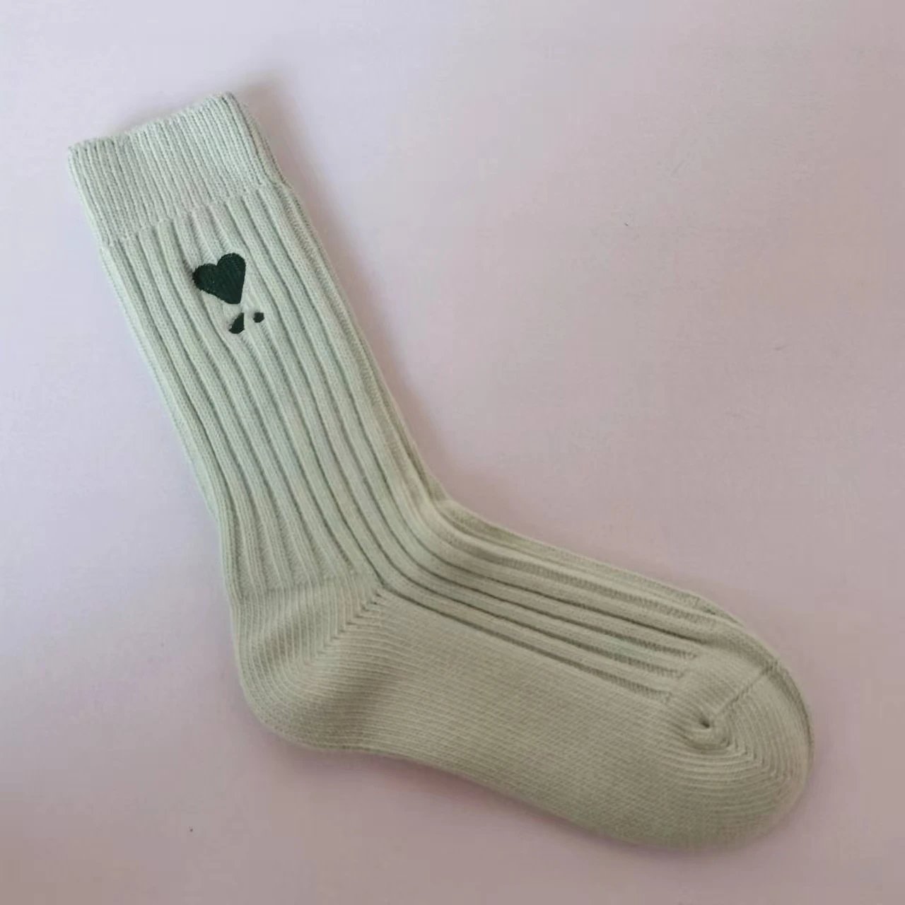 Light Green Ribbed Socks with Heart Detail