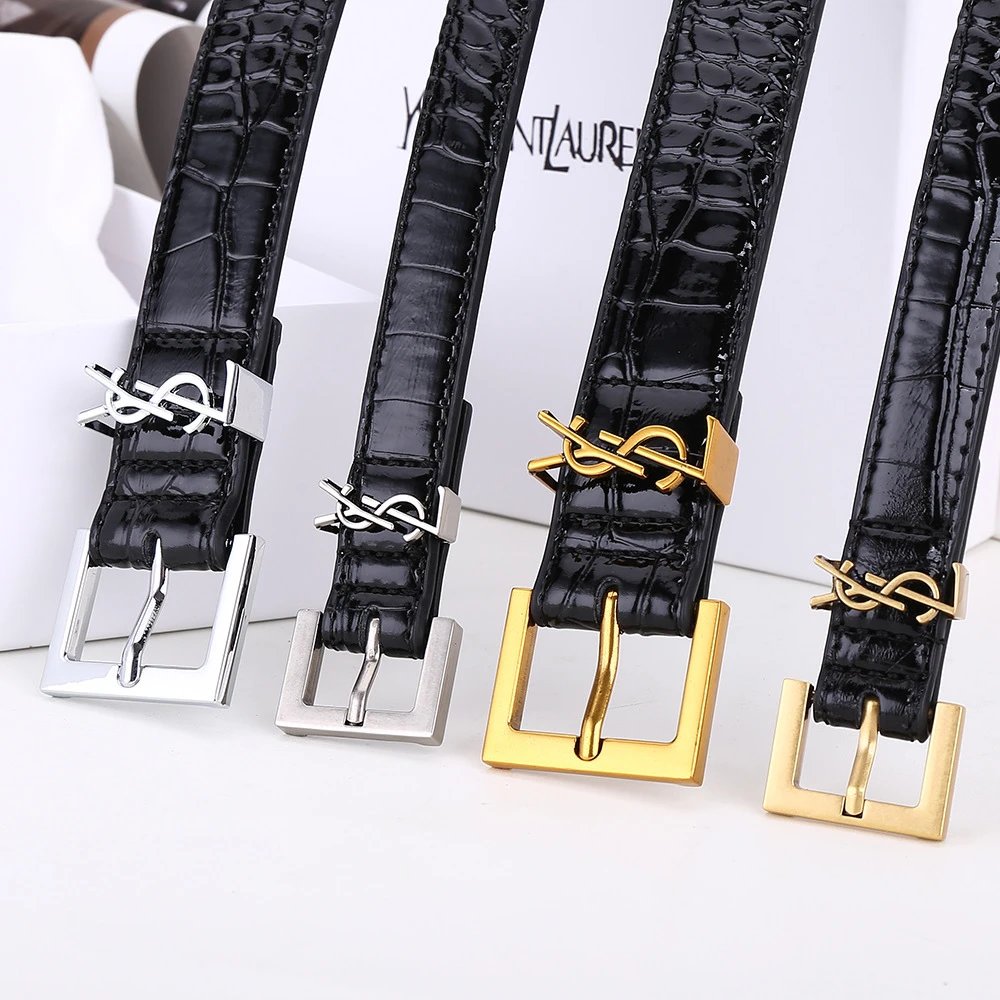 YSL Black Crocodile Texture Belt with Metal Buckle