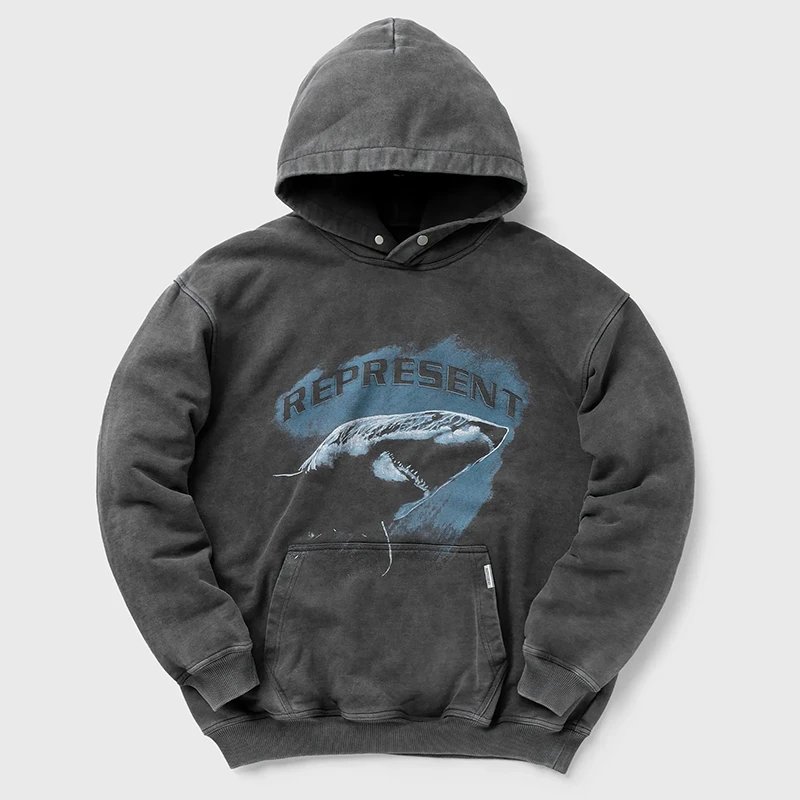 Represent Dark Grey Hoodie with Shark Graphic