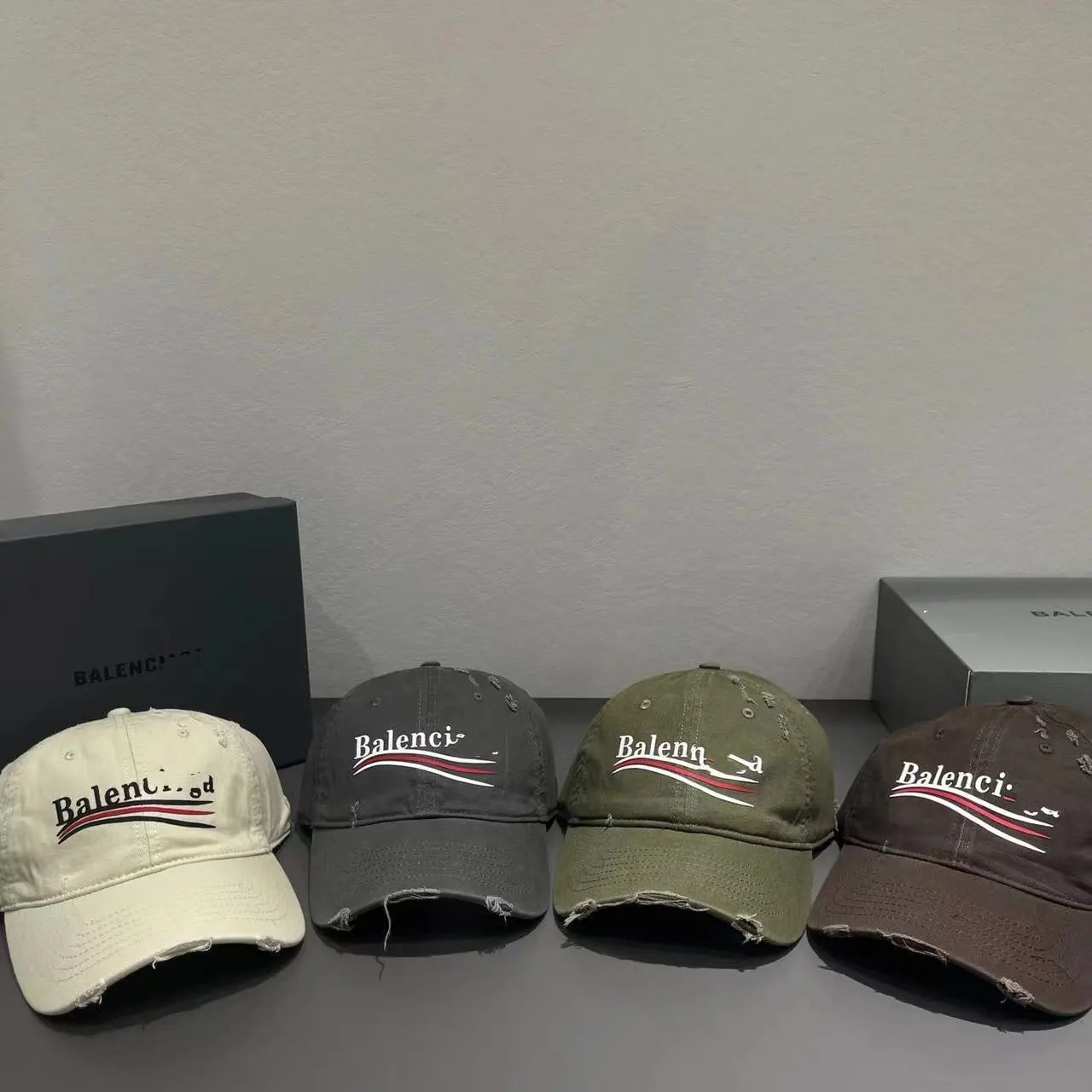 Balenciaga Distressed Baseball Caps in Beige, Grey, Olive, and Brown