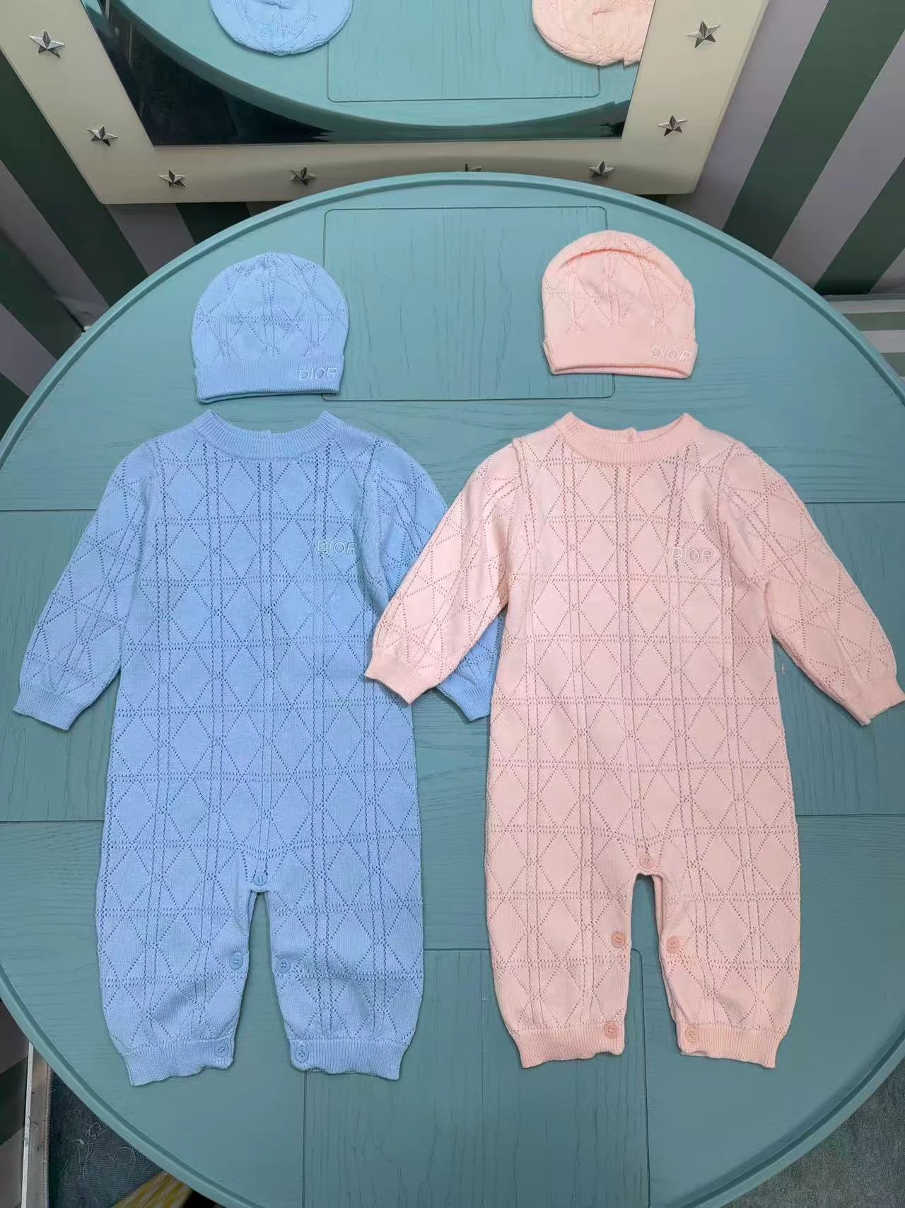 Kid Dior Blue and Pink Knit Rompers with Hats