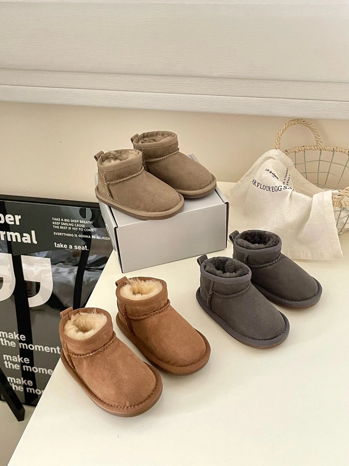 Kid Faux Suede Snow Boots in Brown and Grey