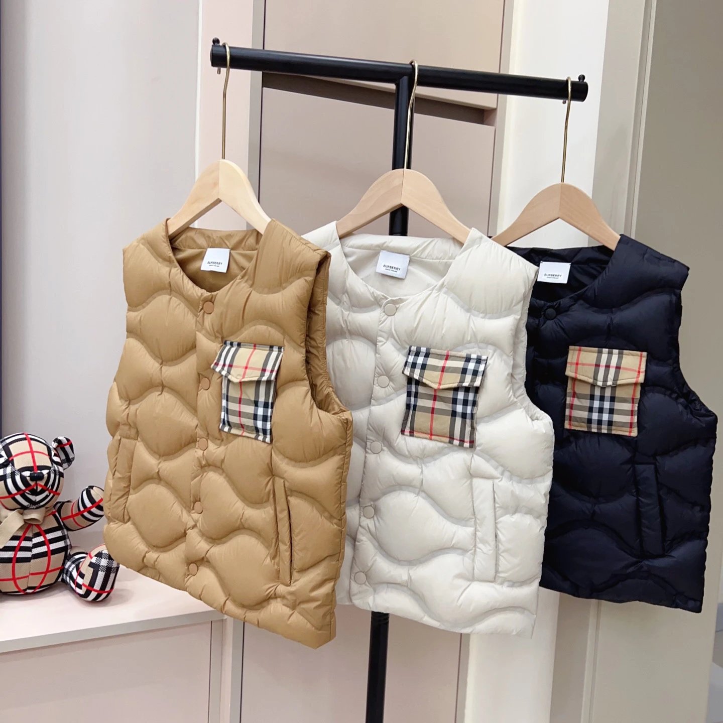 Kid Burberry Beige White and Navy Puffer Vests