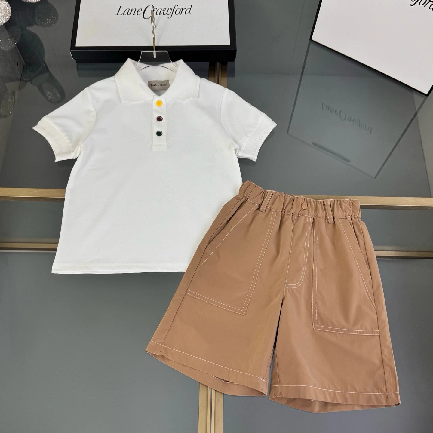 Kid Moncler White Polo Shirt and Beige Shorts Set