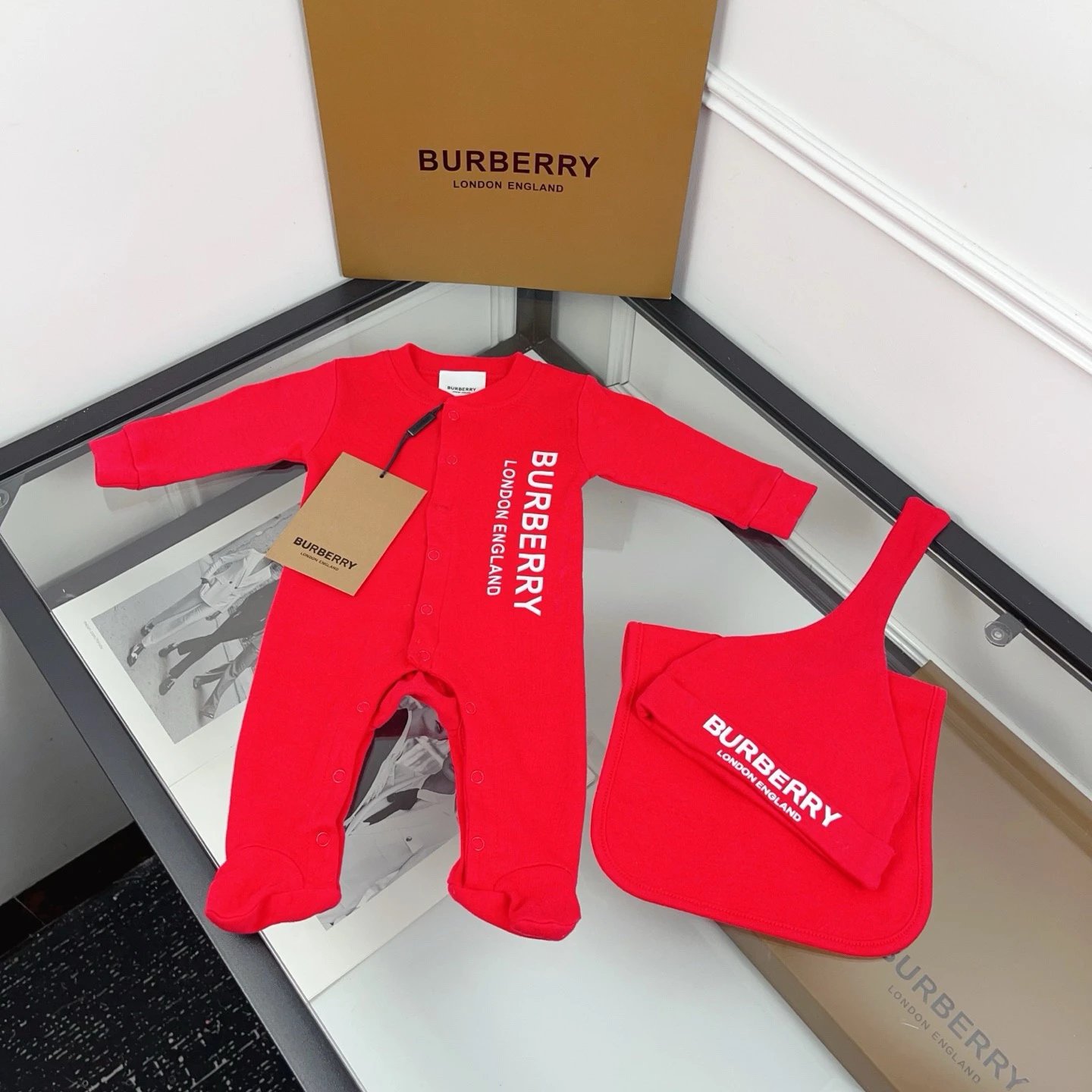 Kid Burberry Red Long Sleeve Romper Set