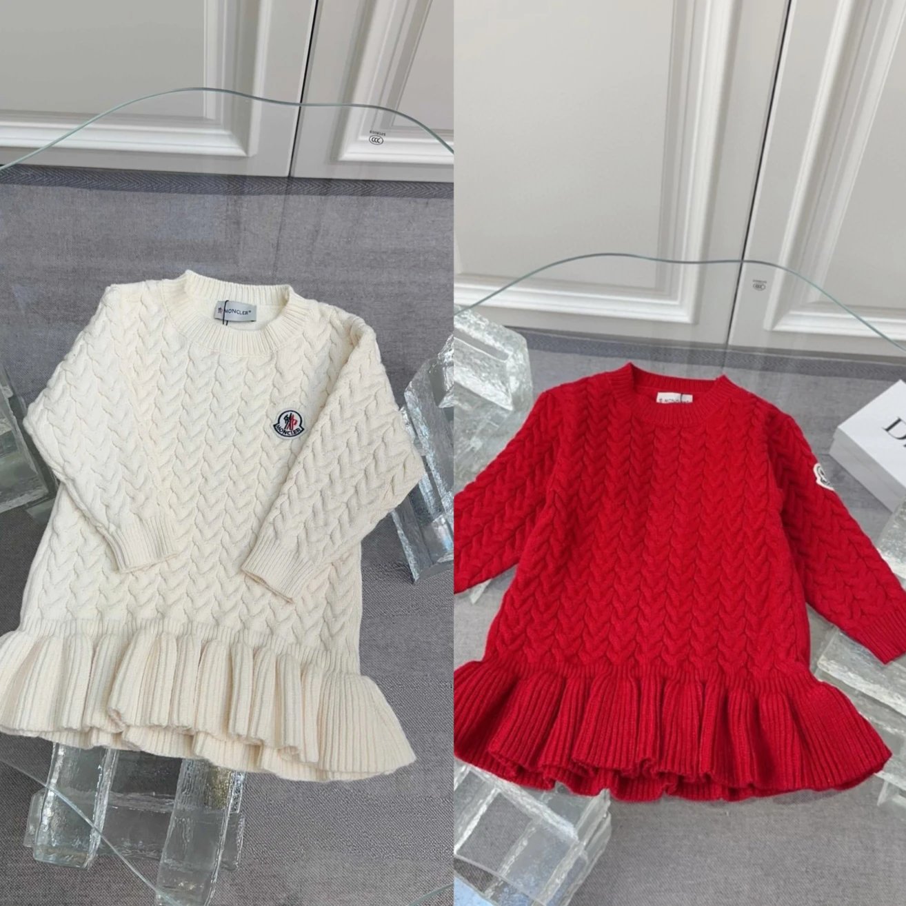 Kid Moncler White and Red Cable Knit Dresses
