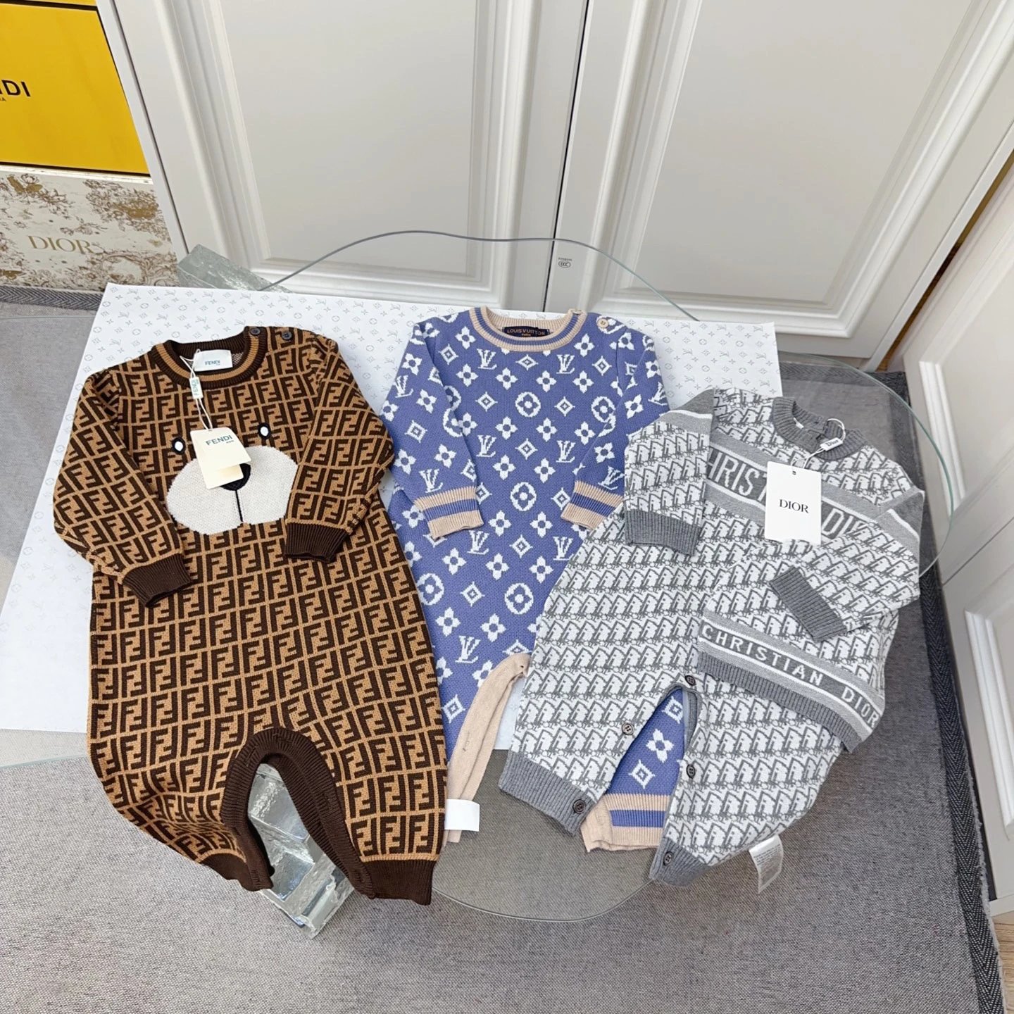 Kid Fendi Brown Monogram Knit Romper, Louis Vuitton Blue Monogram Knit Romper, Christian Dior Grey Monogram Knit Romper