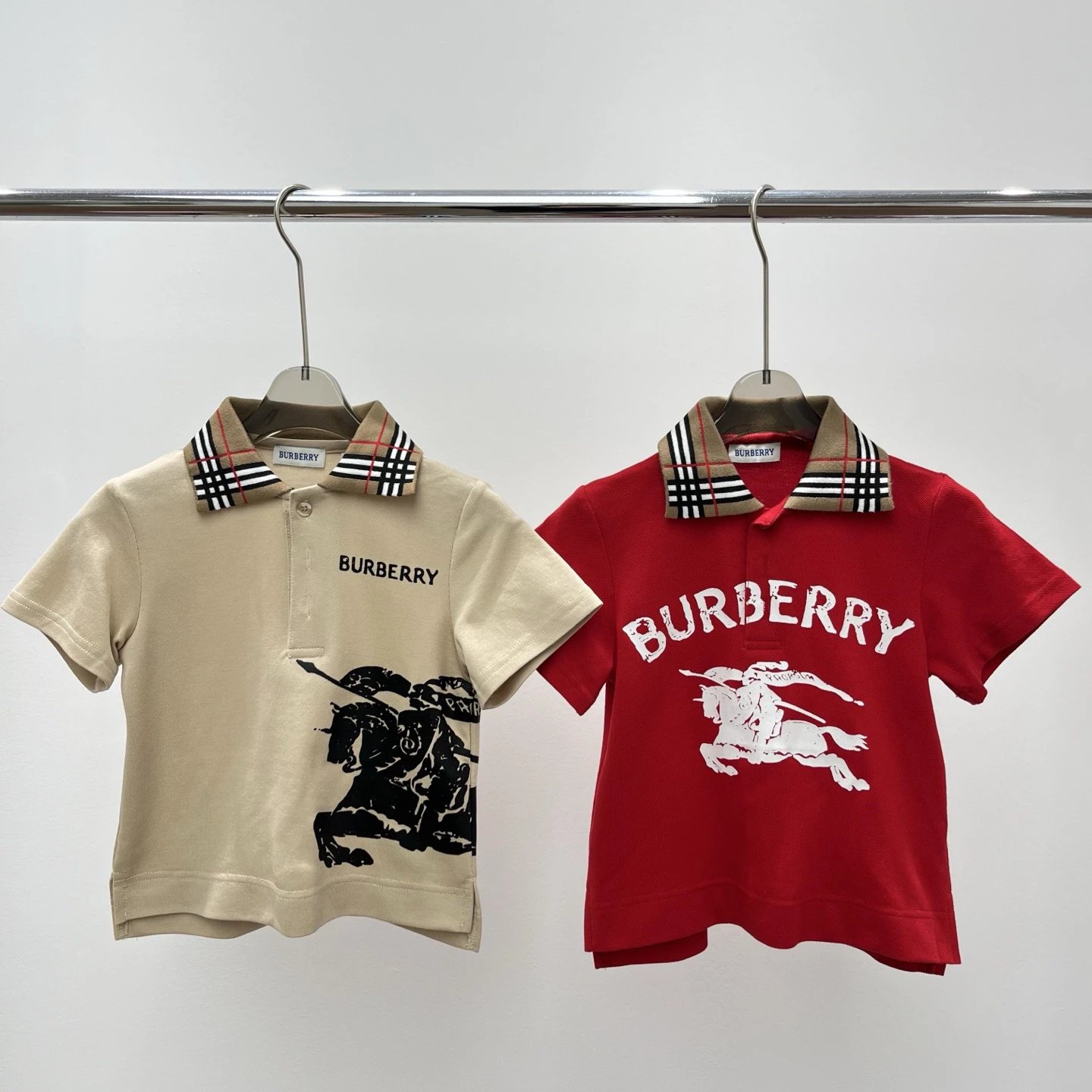 Kid Burberry Beige and Red Polo Shirts with Iconic Collar Design