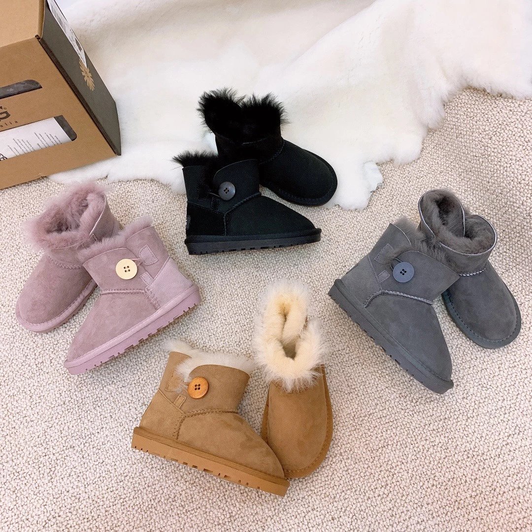 Kid UGG Button Detail Snow Boots in Pink, Black, Grey, and Tan