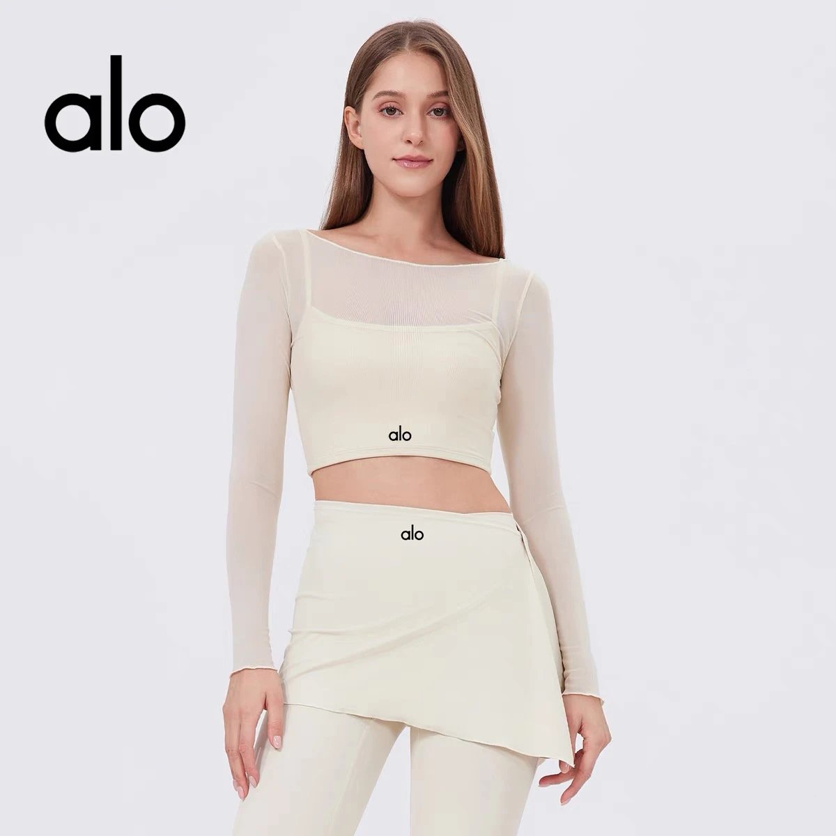 Alo Beige Long Sleeve Crop Top