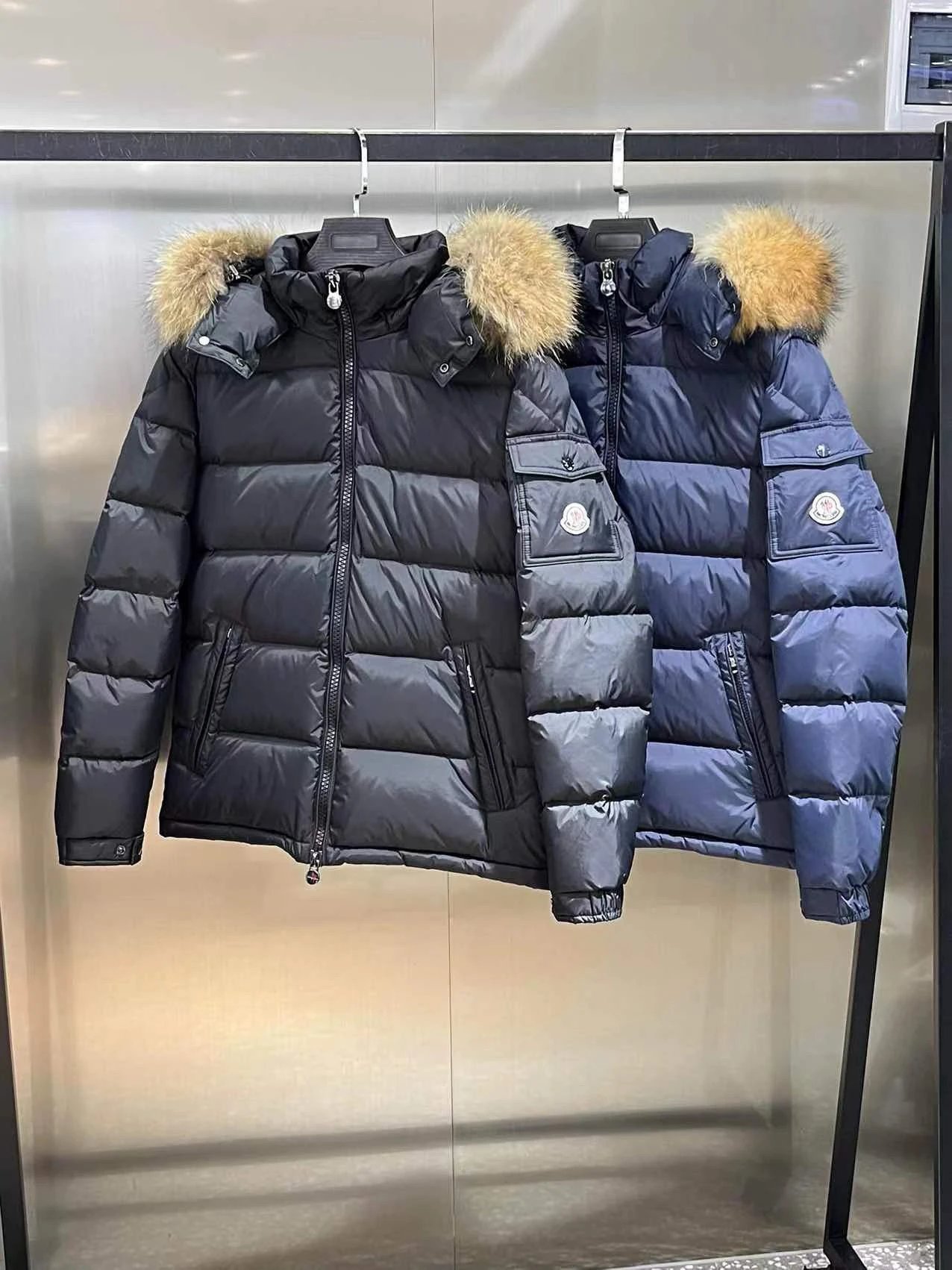 Moncler Black and Blue Puffer Jackets with Fur Trim