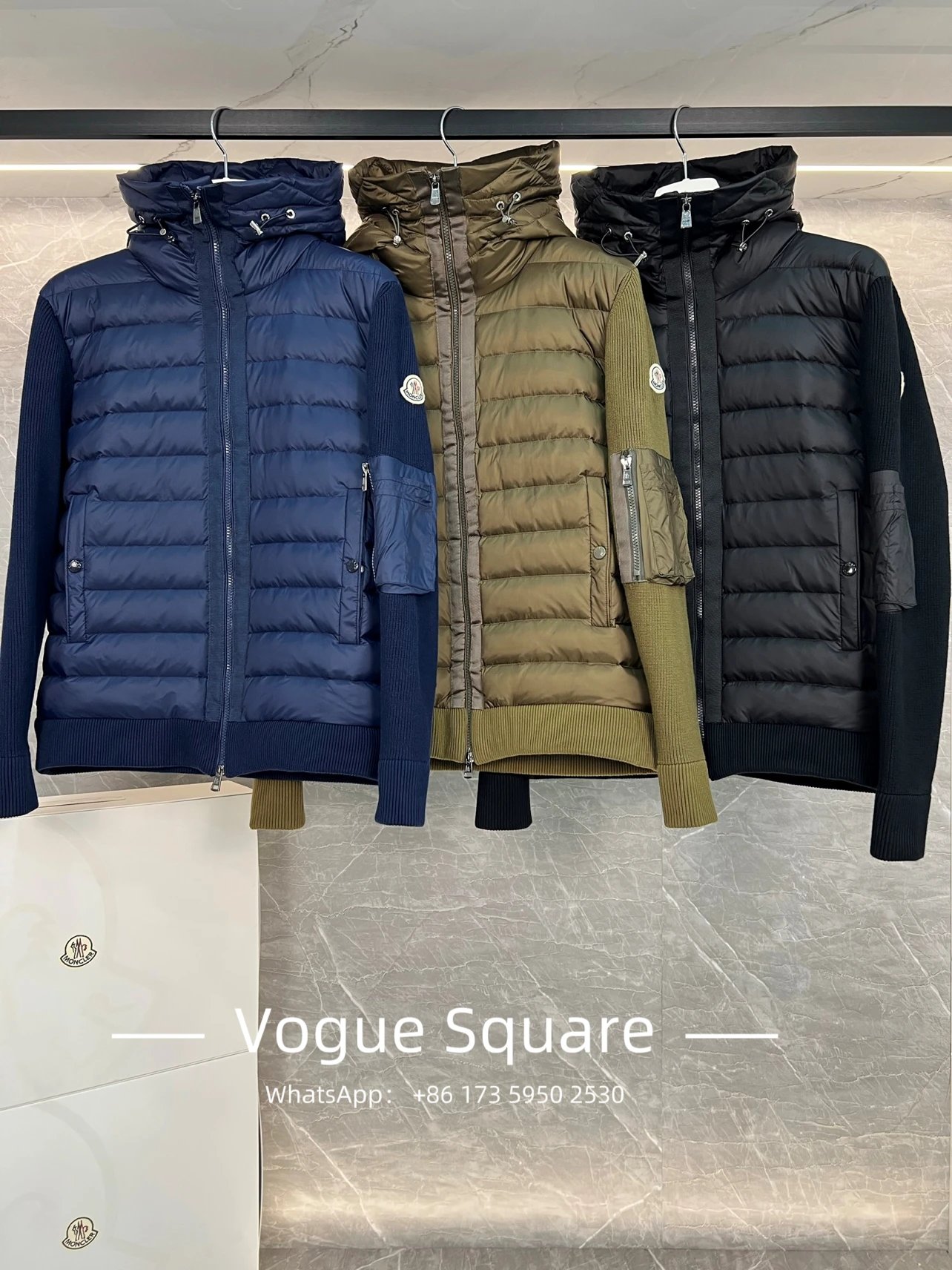 Moncler Blue Puffer Jacket with Knit Sleeves