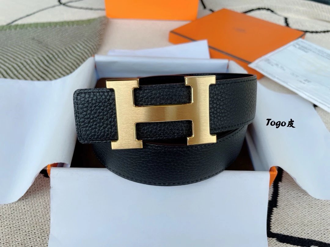 Hermès Black Togo Leather Belt with Gold H Buckle