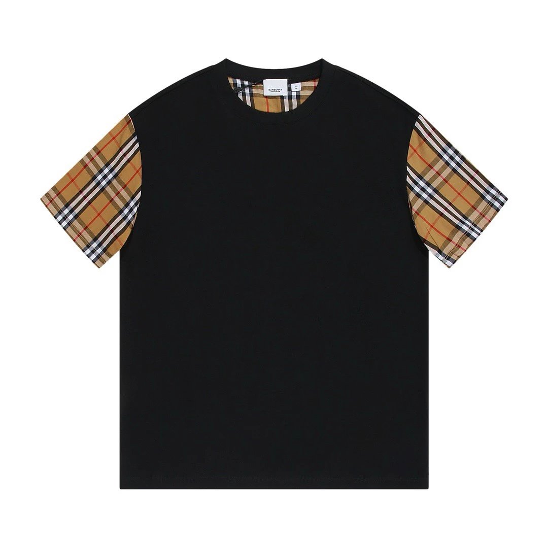 Burberry Black T-Shirt with Plaid Sleeves