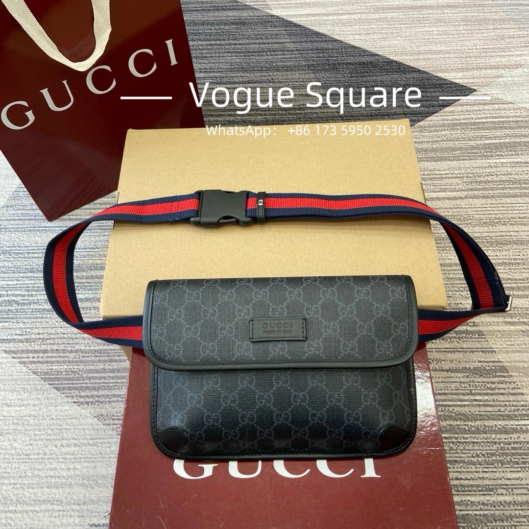 Gucci Black Belt Bag with Red and Blue Stripes