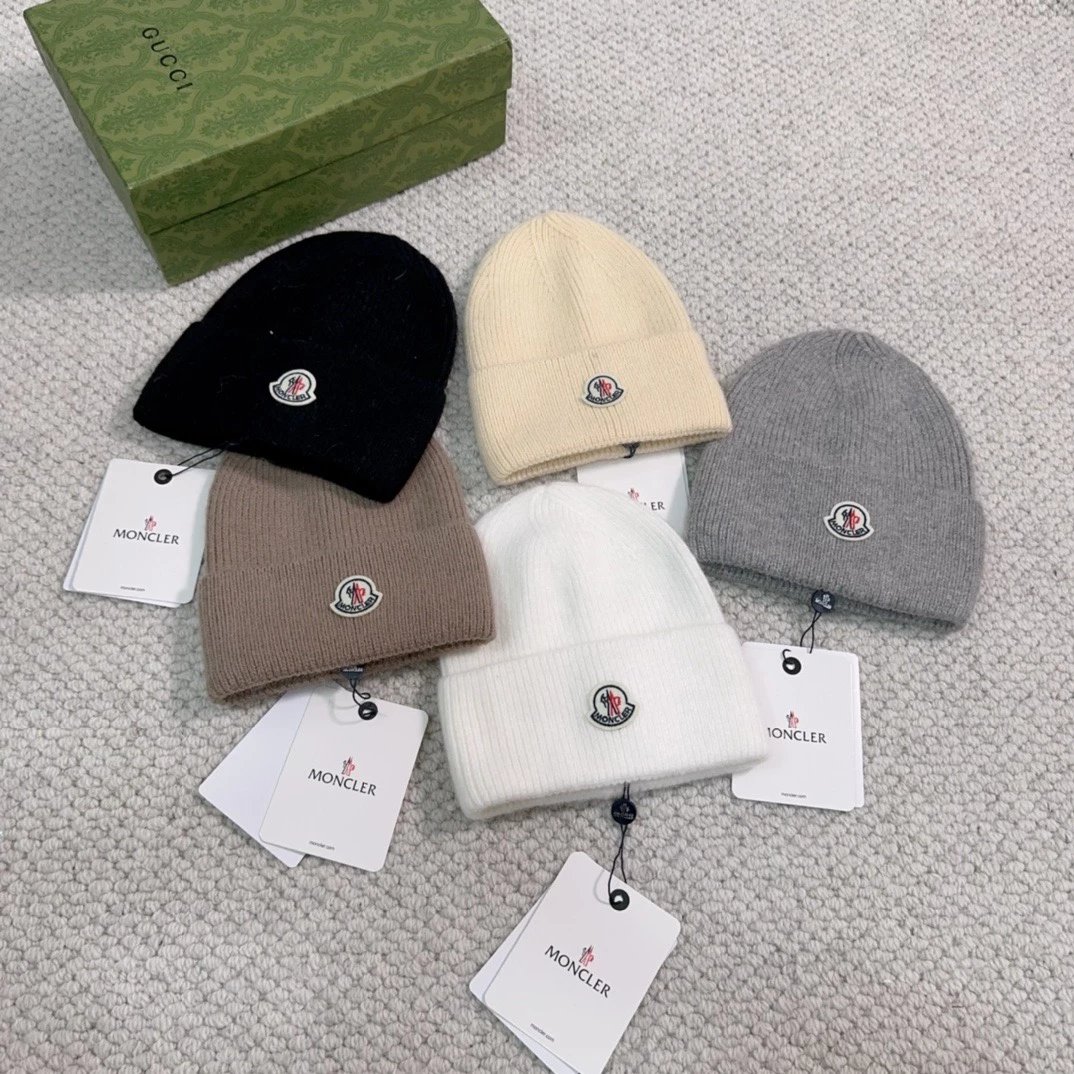 Moncler Knit Beanie Hats in Black, White, Grey, Beige, and Brown