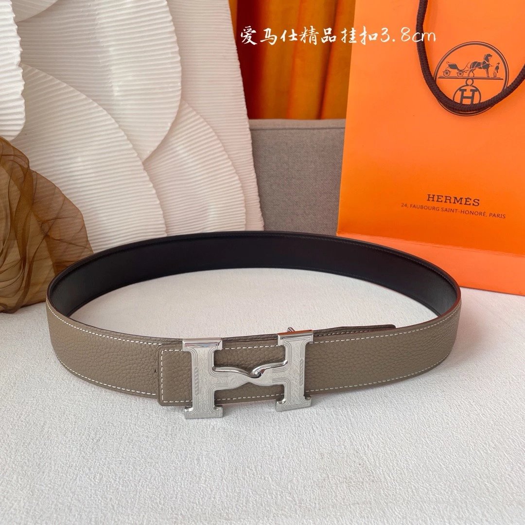 Hermès Taupe Leather Belt with Silver H Buckle
