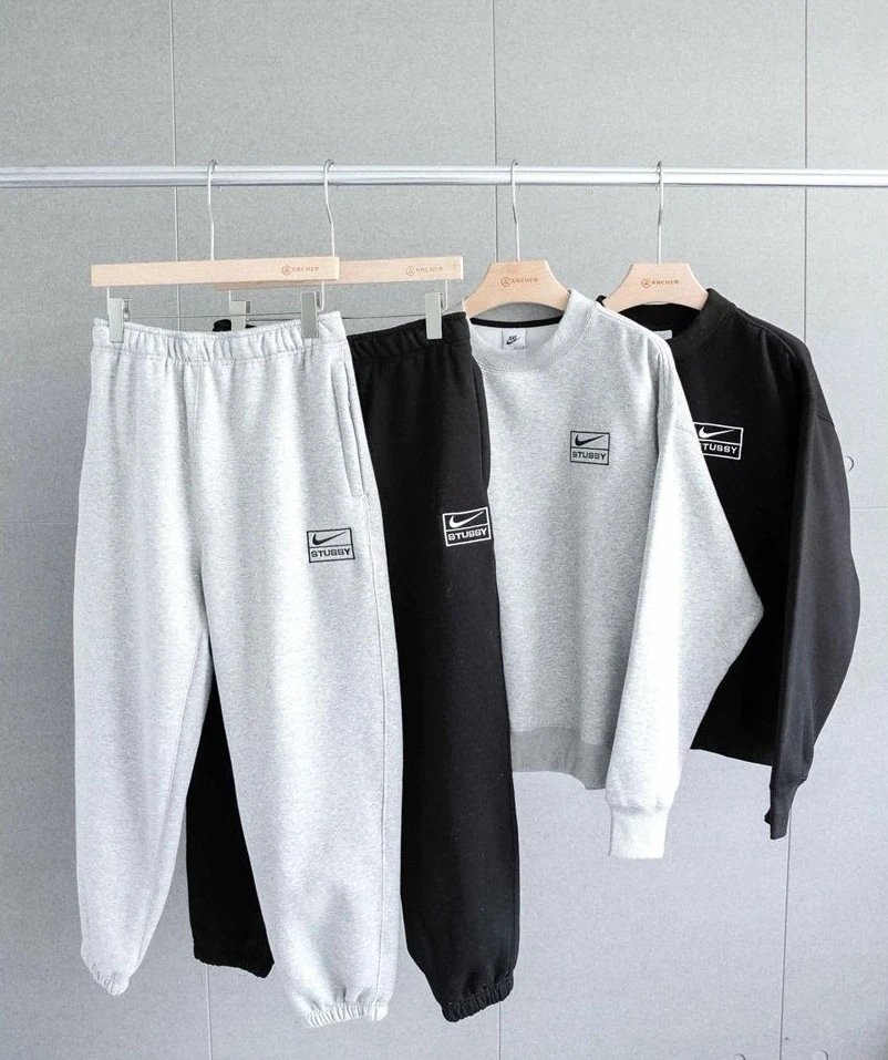 Stussy Nike Grey and Black Sweatshirt and Jogger Set