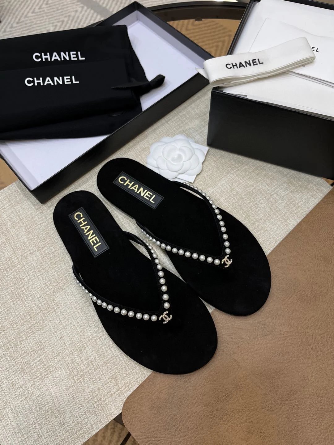 Chanel Black Pearl Flip Flops