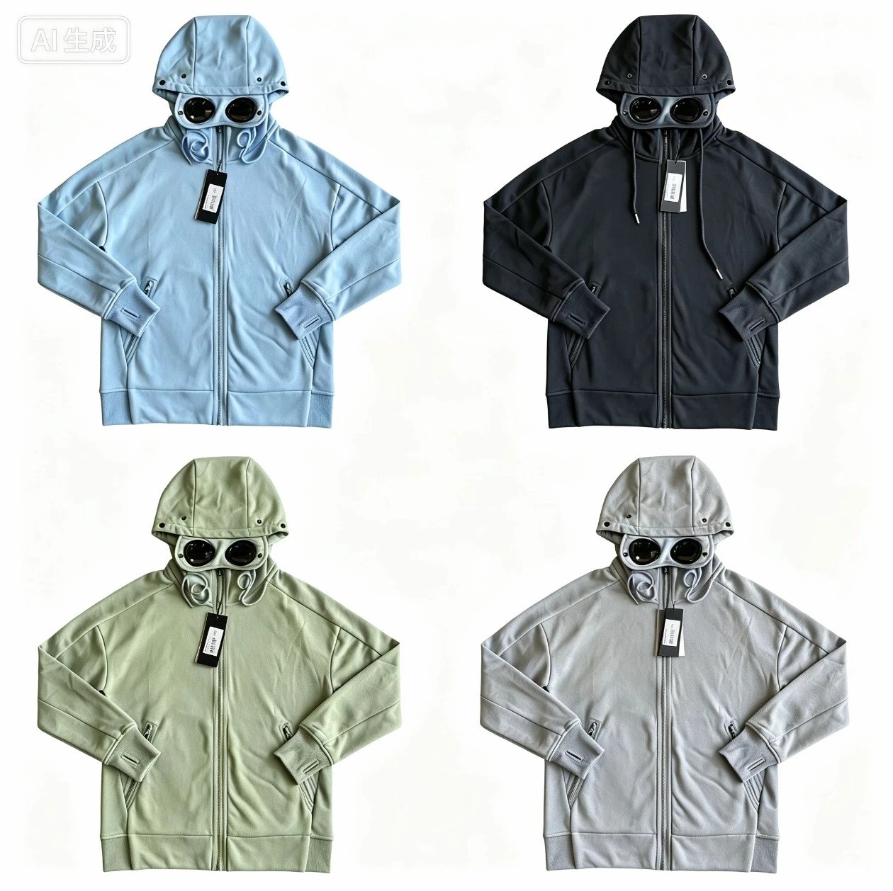 Goggle Hooded Zip-Up Jacket in Blue, Black, Green, and Grey